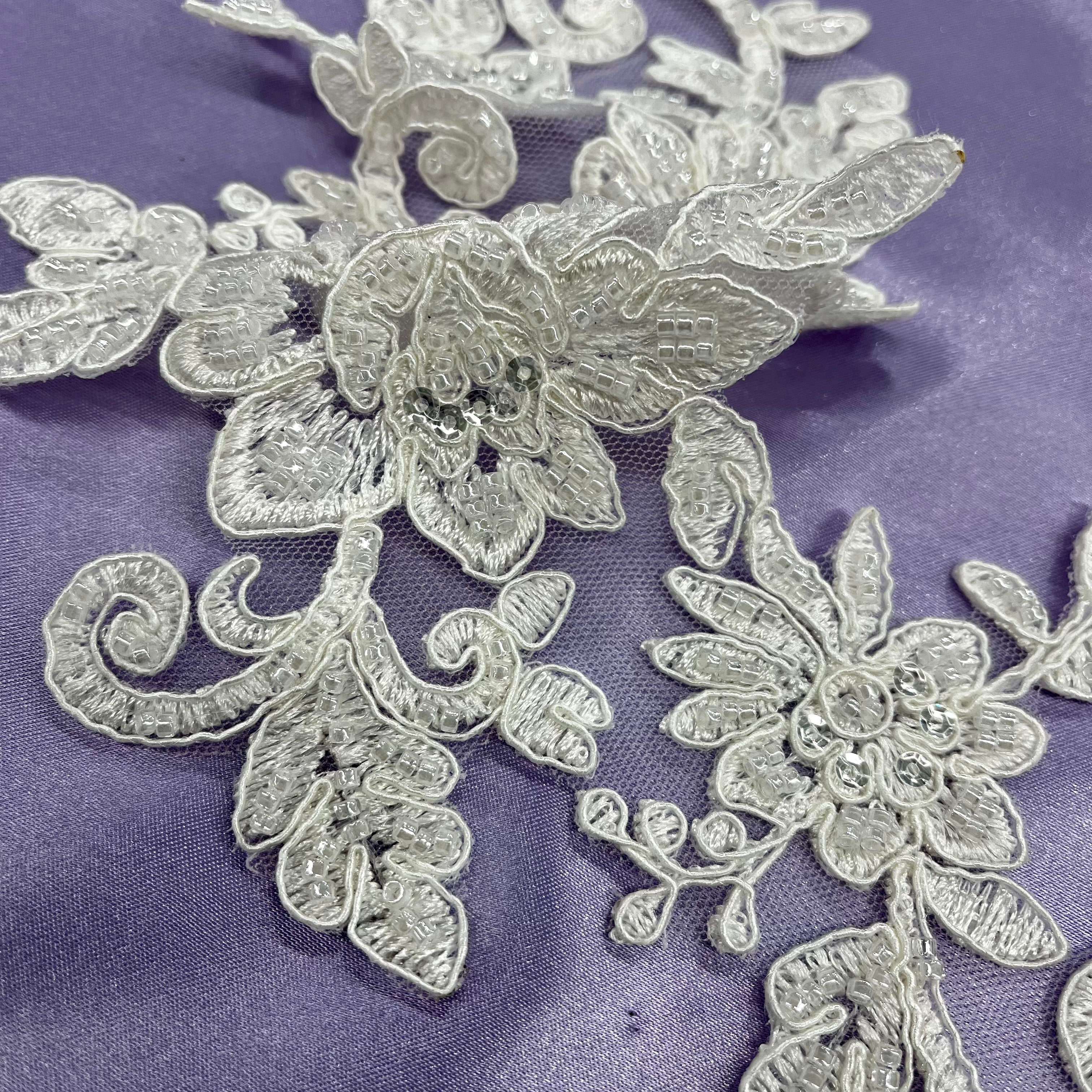 Beaded & Corded Floral Lace Applique Embroidered on 100% Polyester Net Mesh | Lace USA - 96440W-HB