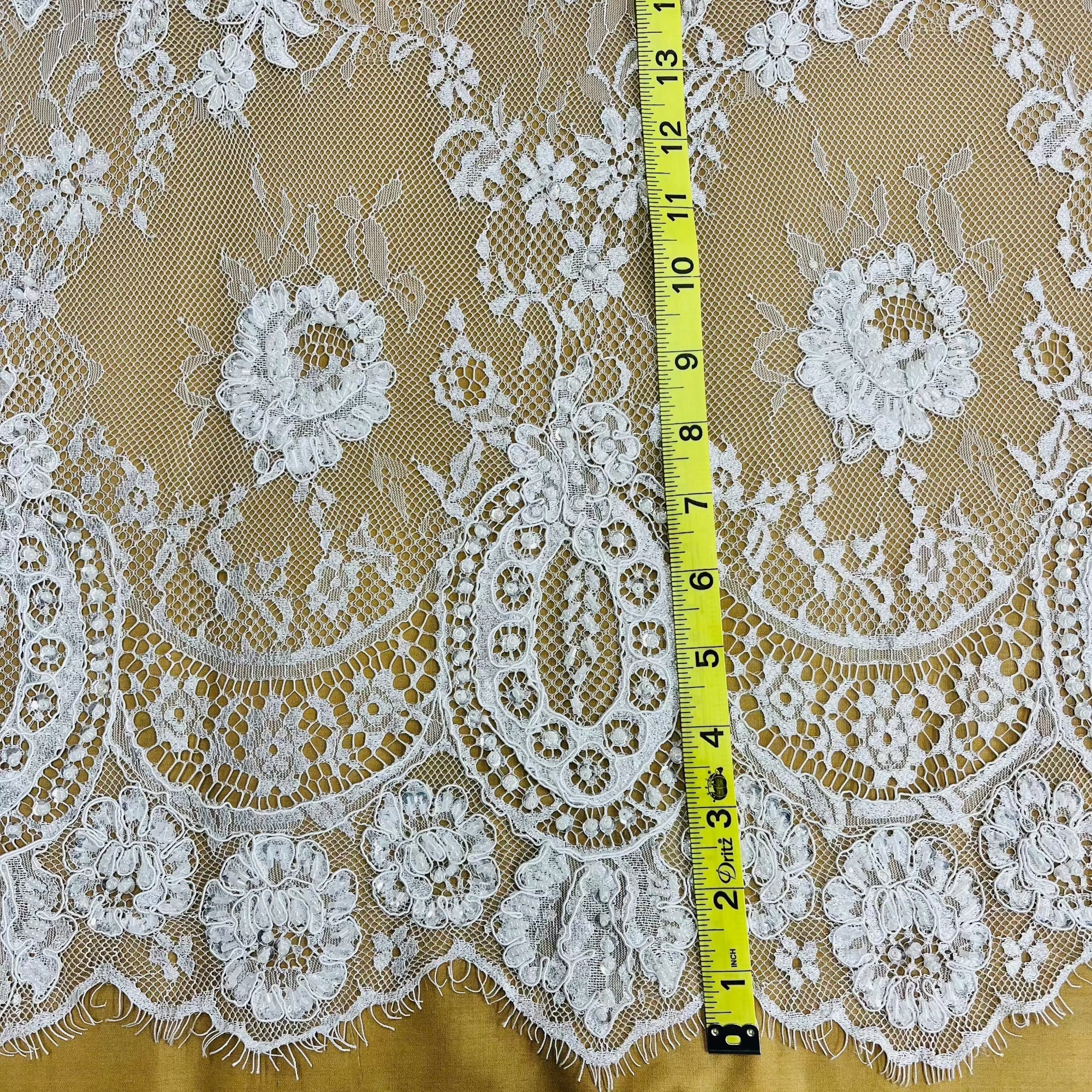 Beaded & Corded Chantilly Floral Lace Fabric-  3 Yards Precut | Lace USA - 97143W-BP