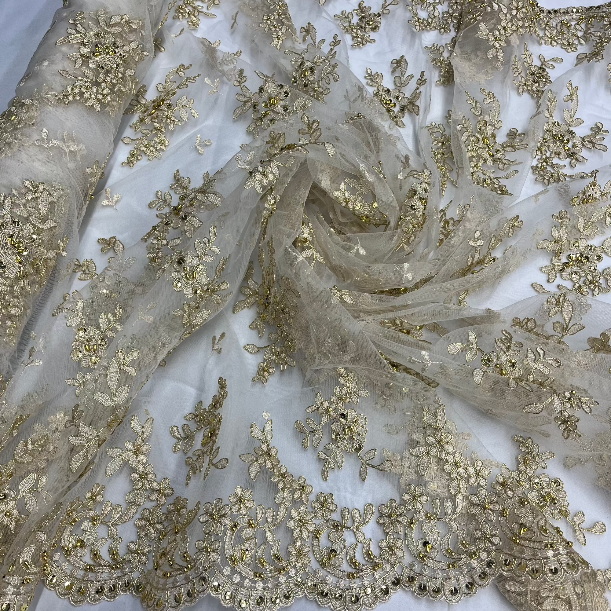 Beaded & Corded Lace Fabric – Floral Design with Scalloped Edges | Lace USA - 91436W-BP