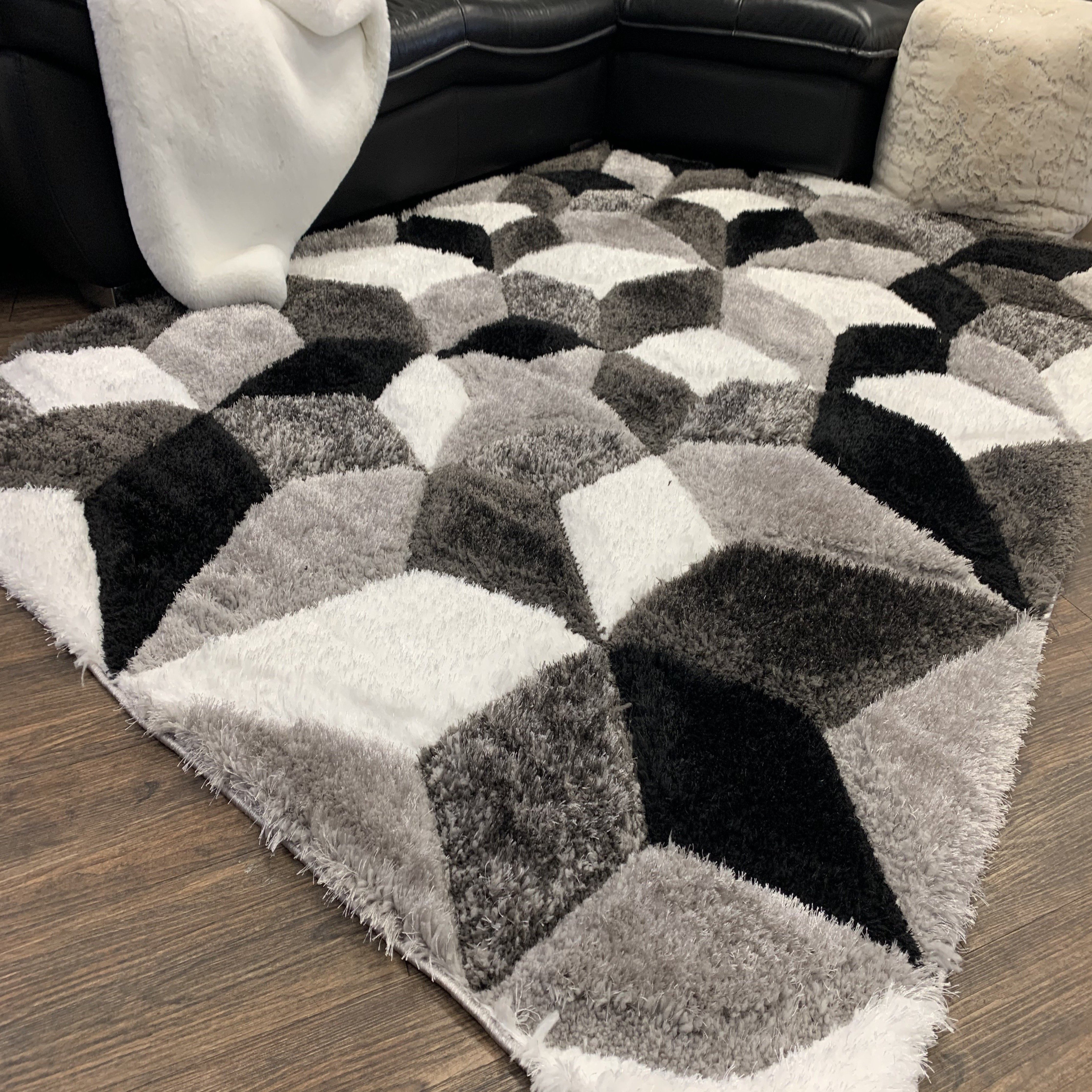 Silver Black White Shag Area Rug/Carpet | Style# SR-729 - Crafted from 100% Polyester, Plush Fluffy Shine 3D Geometric Design