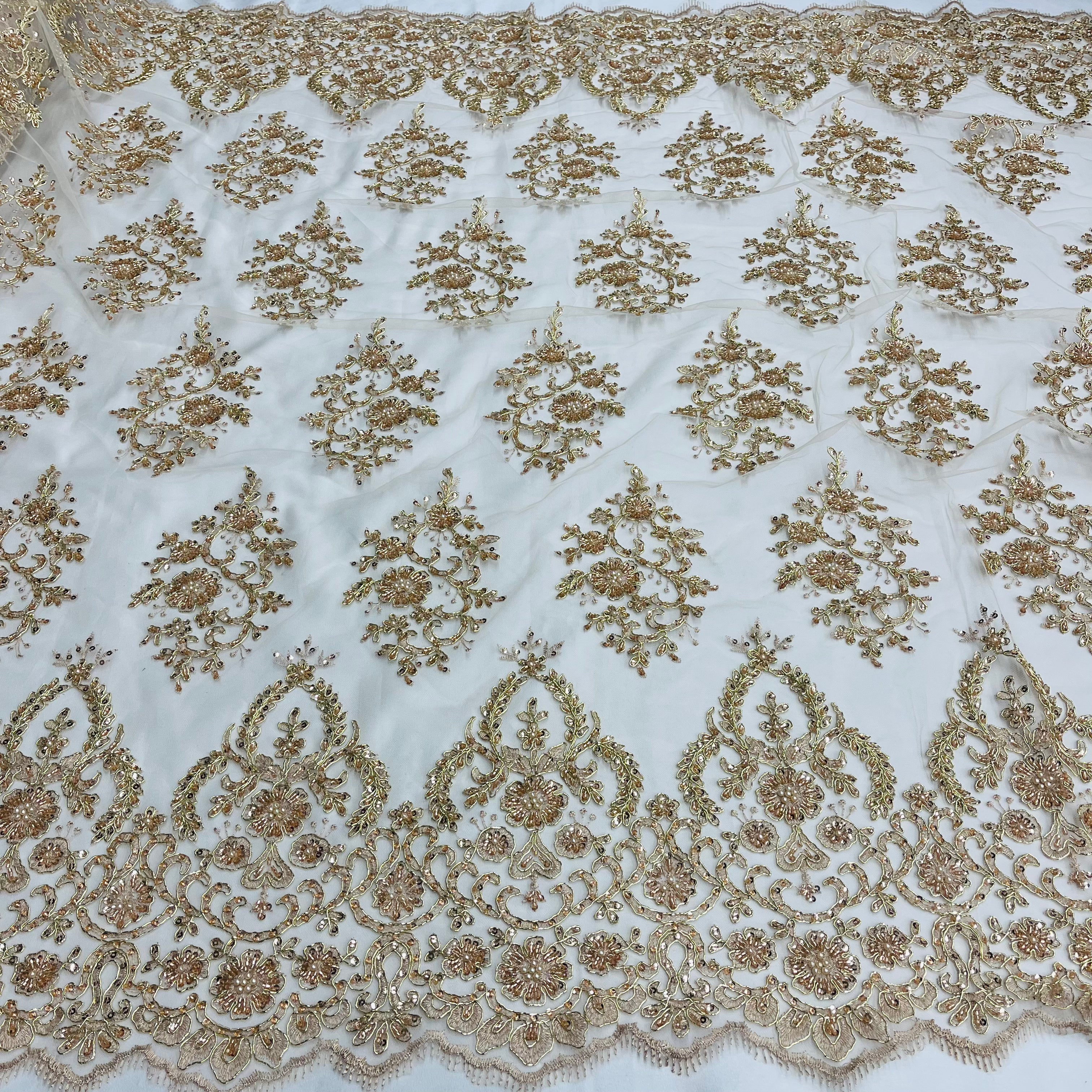 Beaded & Corded Bridal Lace Fabric Embroidered on 100% Polyester Net Mesh | Lace USA - GD-2257