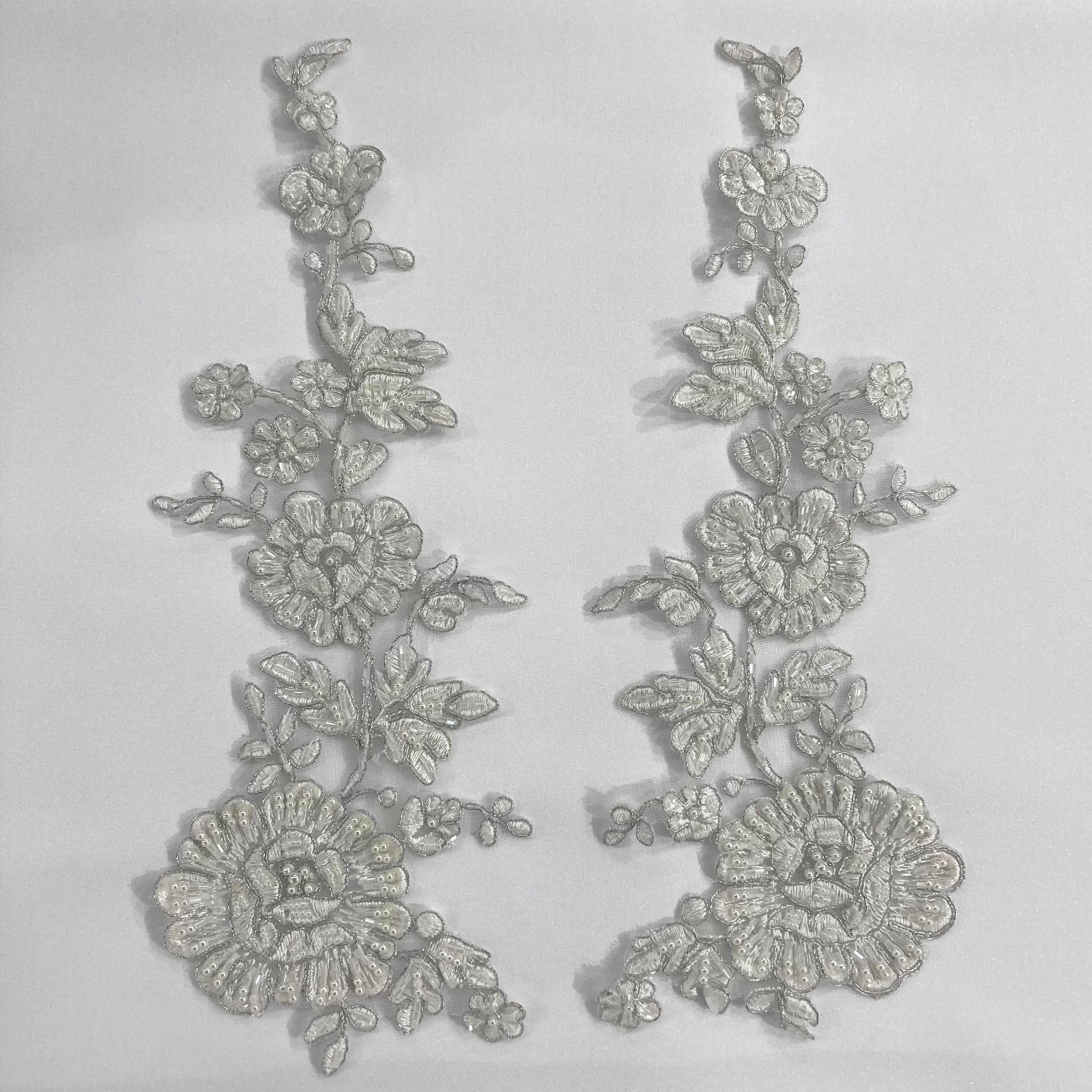 Beaded & Corded Floral Lace Applique Embroidered on 100% Polyester Net Mesh | Lace USA - 96436W-HB