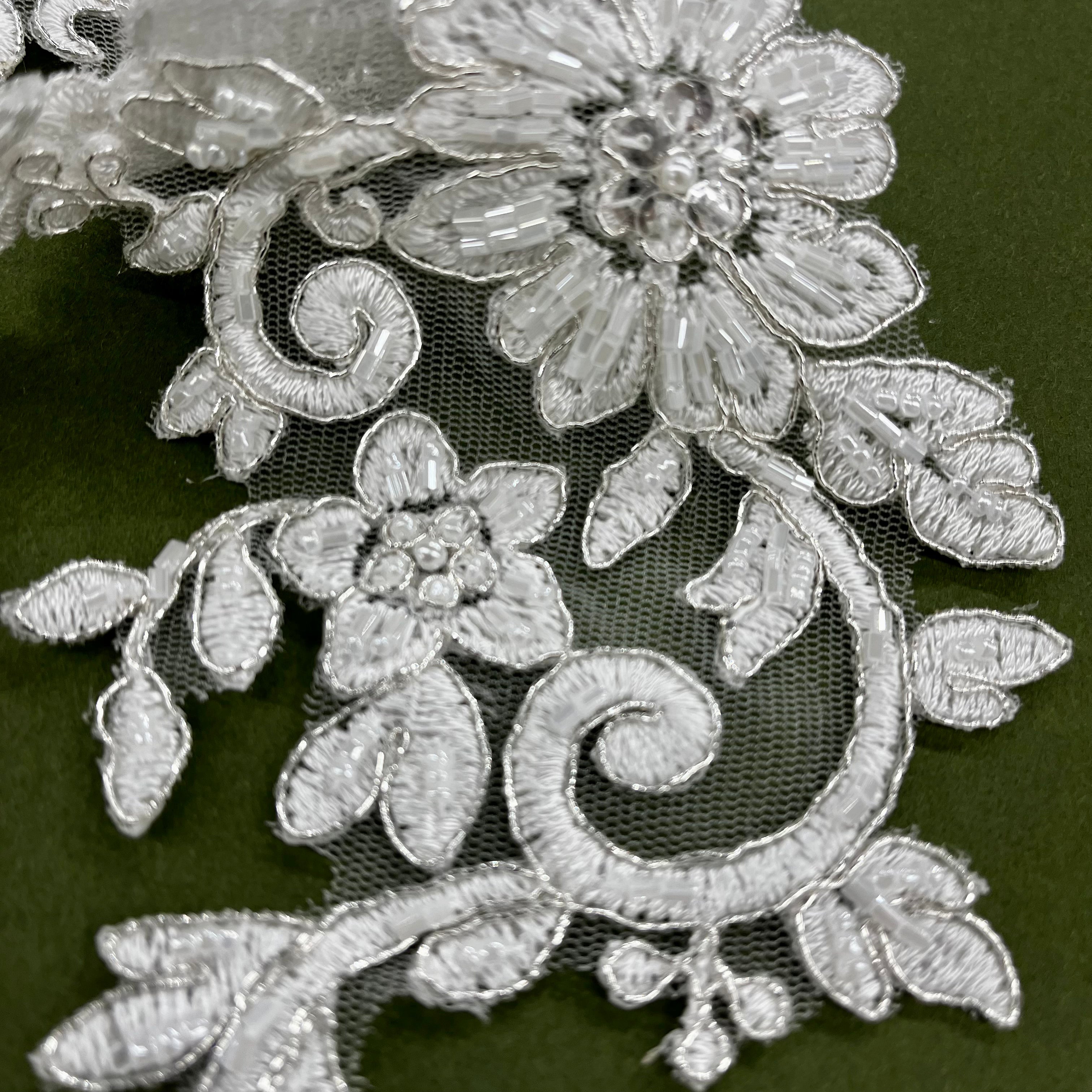 Beaded & Corded Floral Lace Applique Embroidered on 100% Polyester Net Mesh | Lace USA - 96440W-HB
