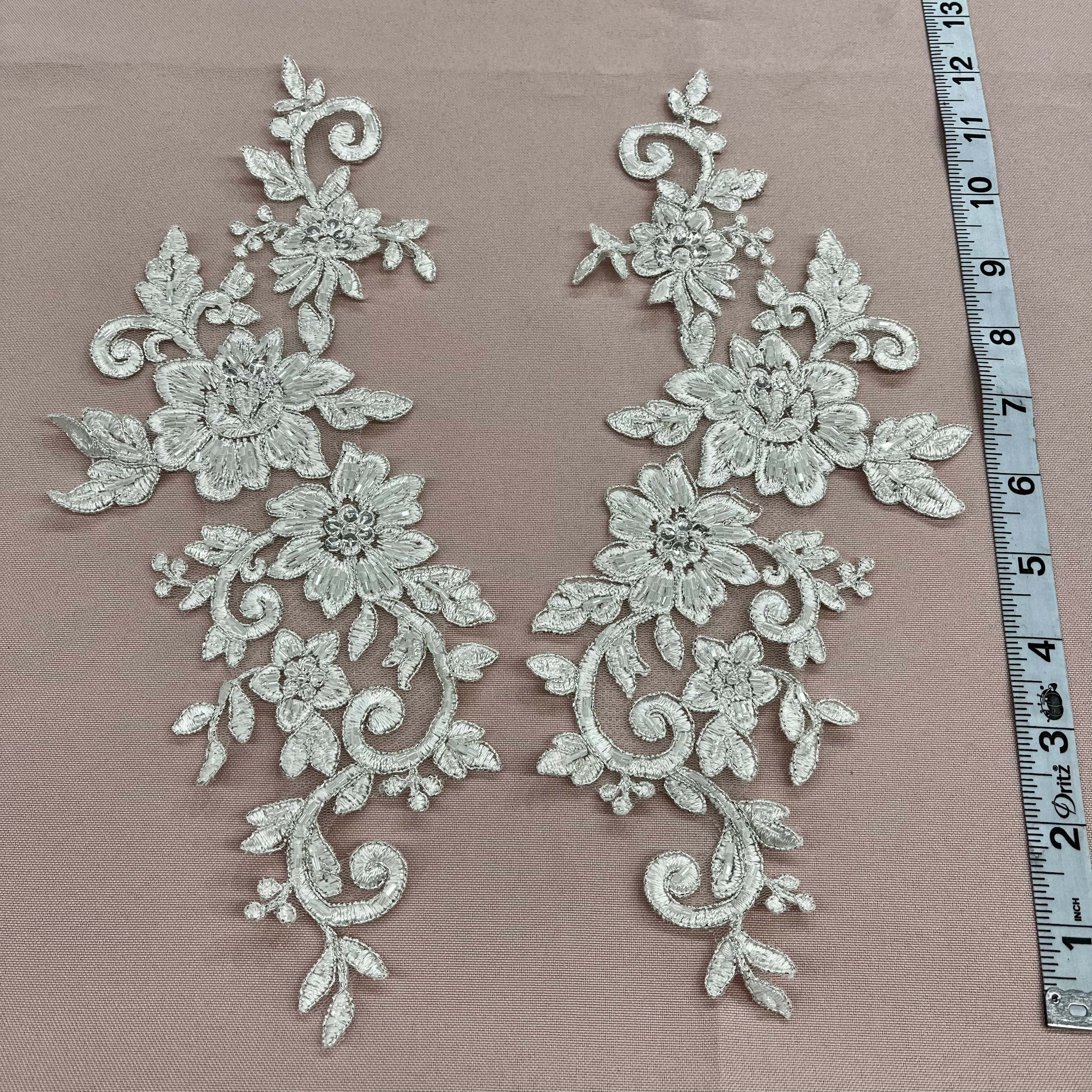 Beaded & Corded Floral Lace Applique Embroidered on 100% Polyester Net Mesh | Lace USA - 96440W-HB