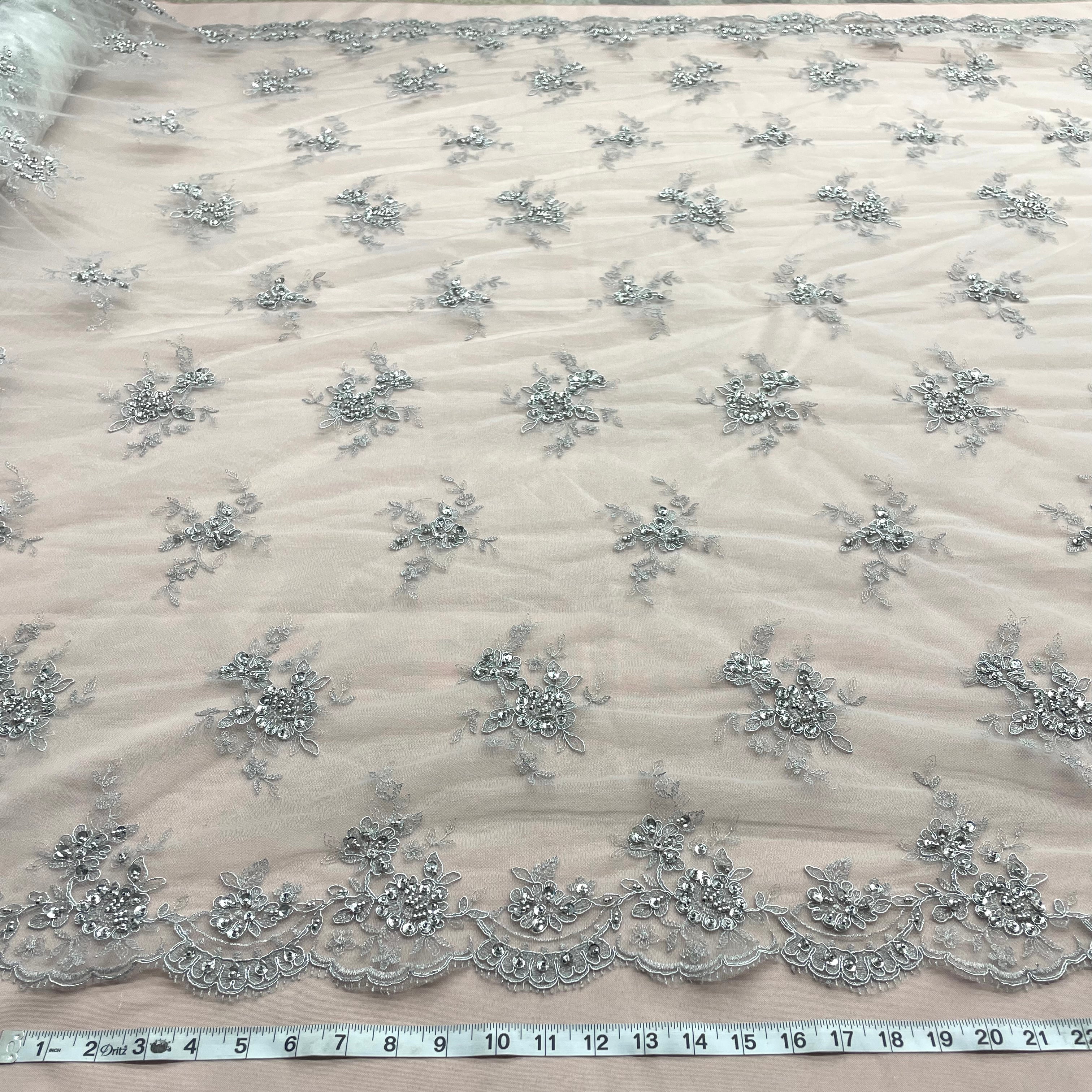Beaded & Corded Bridal Lace Fabric Embroidered on 100% Polyester Net Mesh | Lace USA - 96519W-BP
