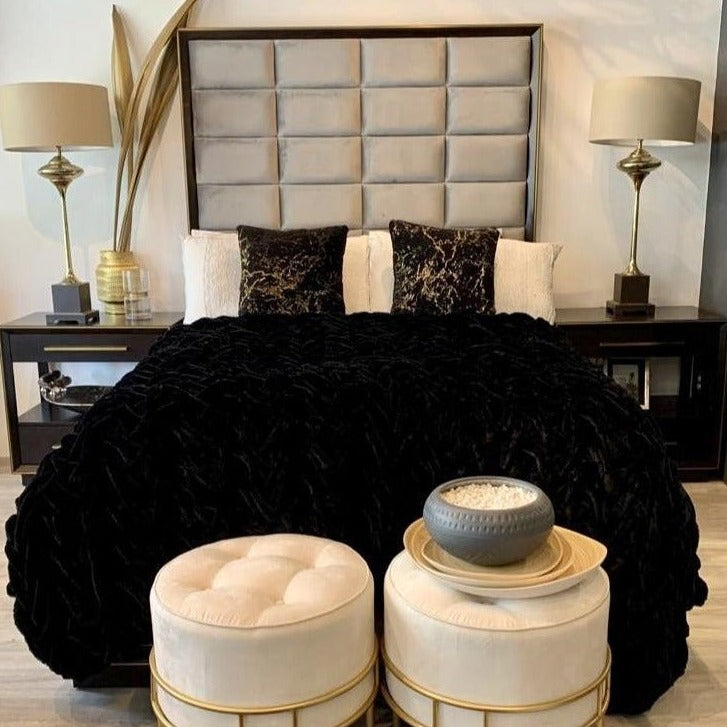 Braided Fluffy Faux Fur Chinchilla Black Bed Cover/ Coverlet/ Blanket/ Comforter/ King Cal Size - Queen Size