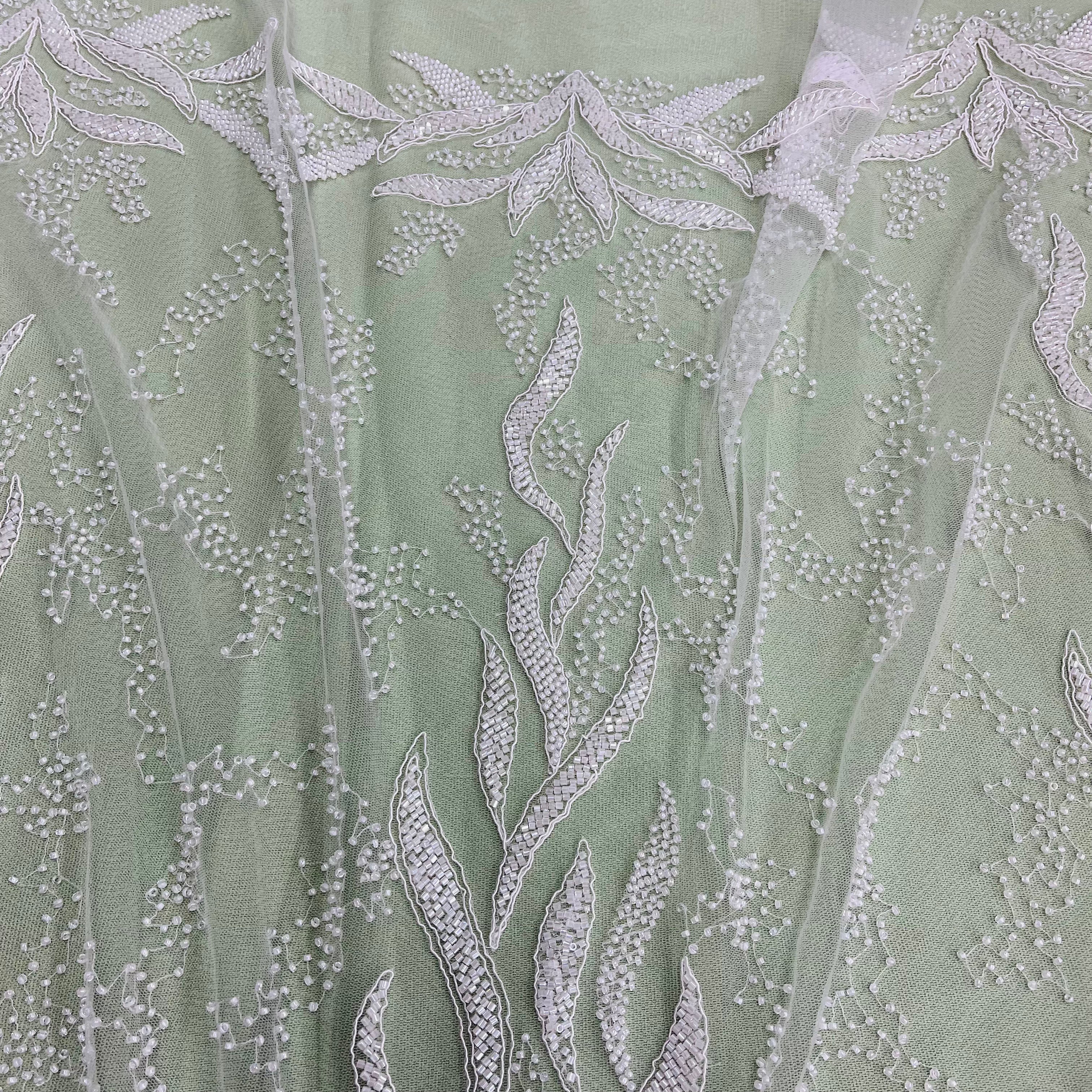 Beaded & Corded Bridal Lace Fabric Embroidered on 100% Polyester Net Mesh | Lace USA - GD-12621