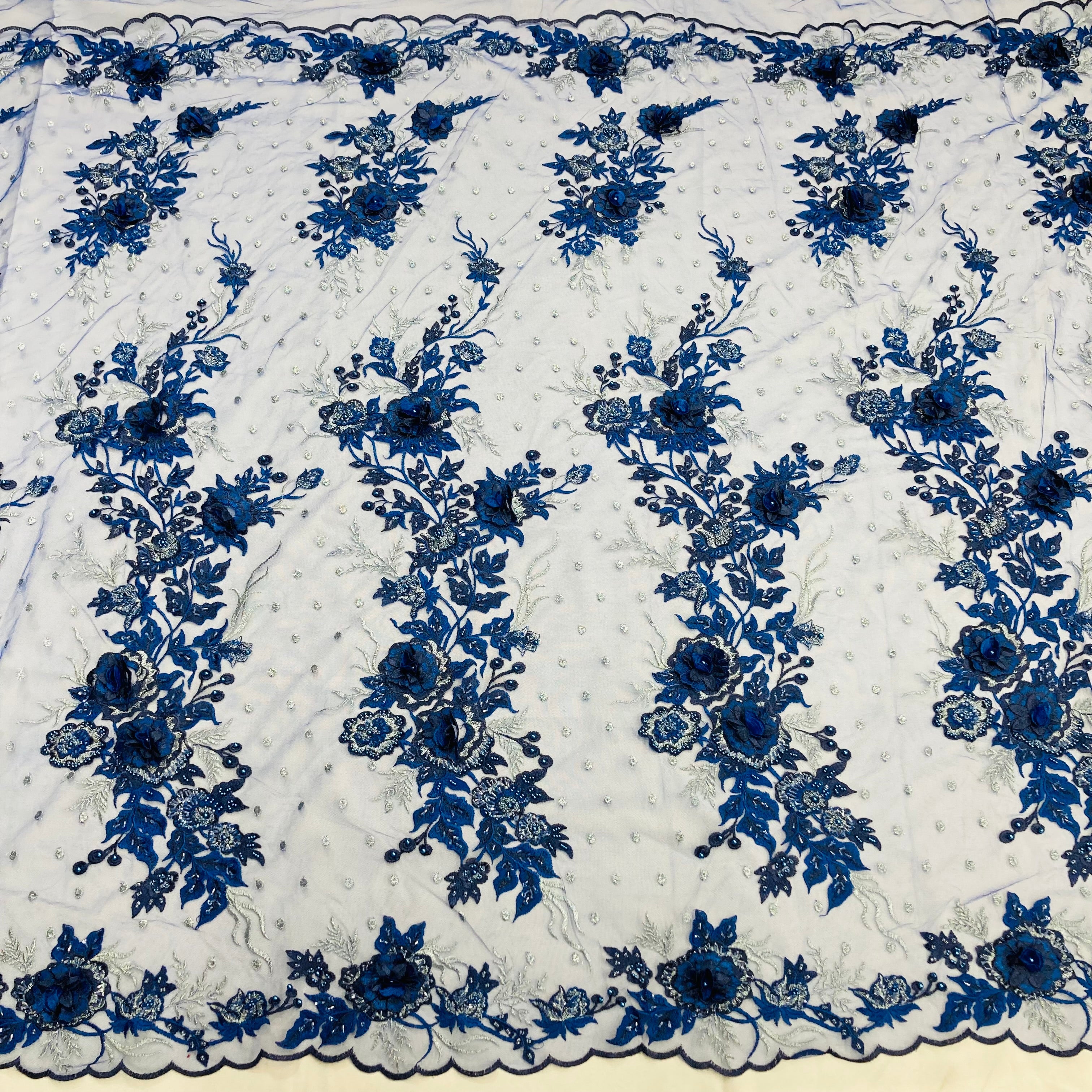 Beaded 3D Floral Lace Fabric Embroidered on 100% Polyester Net Mesh | Lace USA - GD-416