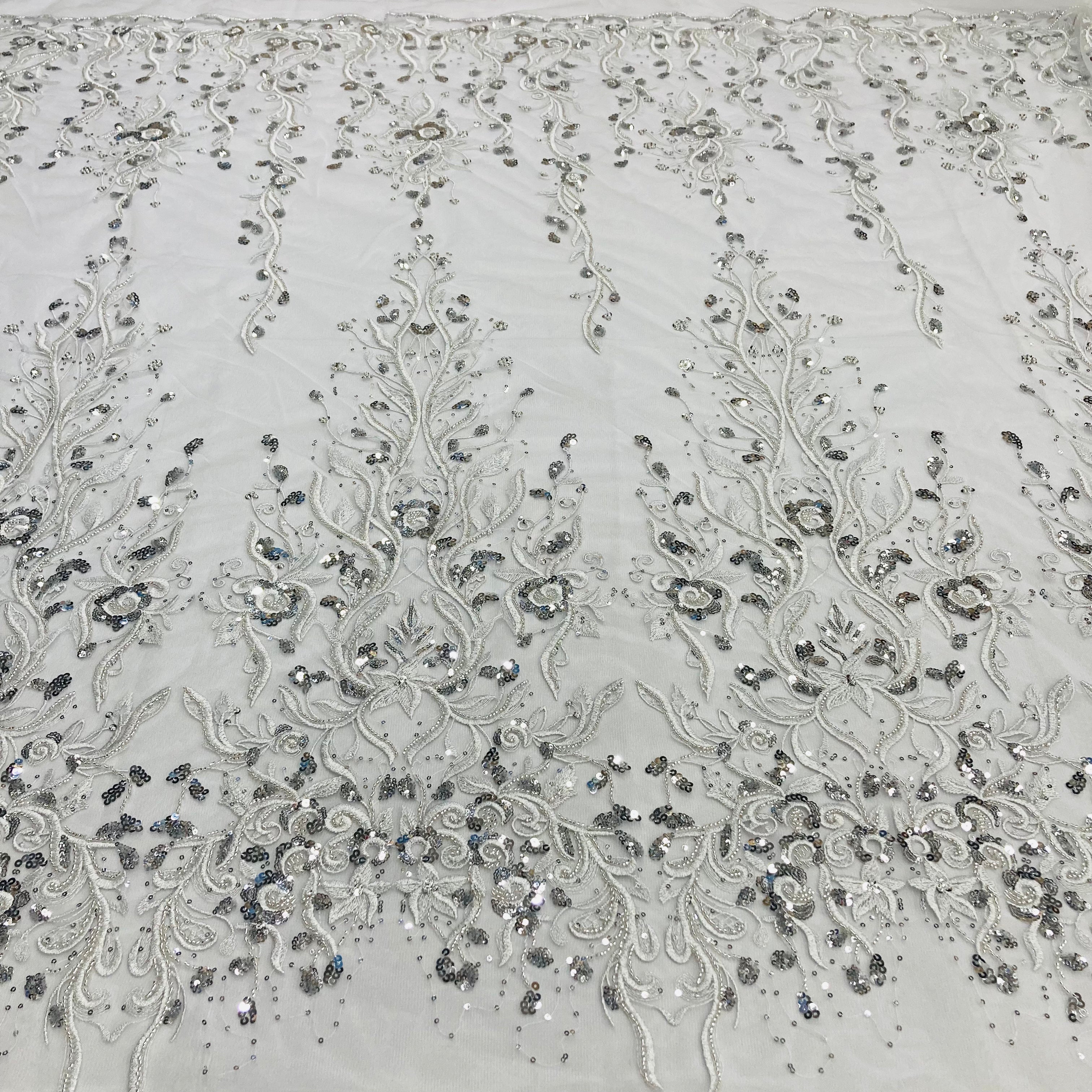 Beaded Lace Fabric Embroidered on 100% Polyester Net Mesh | Lace USA - GD-217120