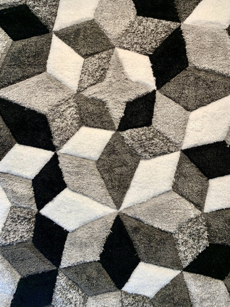 Silver Black White Shag Area Rug/Carpet | Style# SR-729 - Crafted from 100% Polyester, Plush Fluffy Shine 3D Geometric Design
