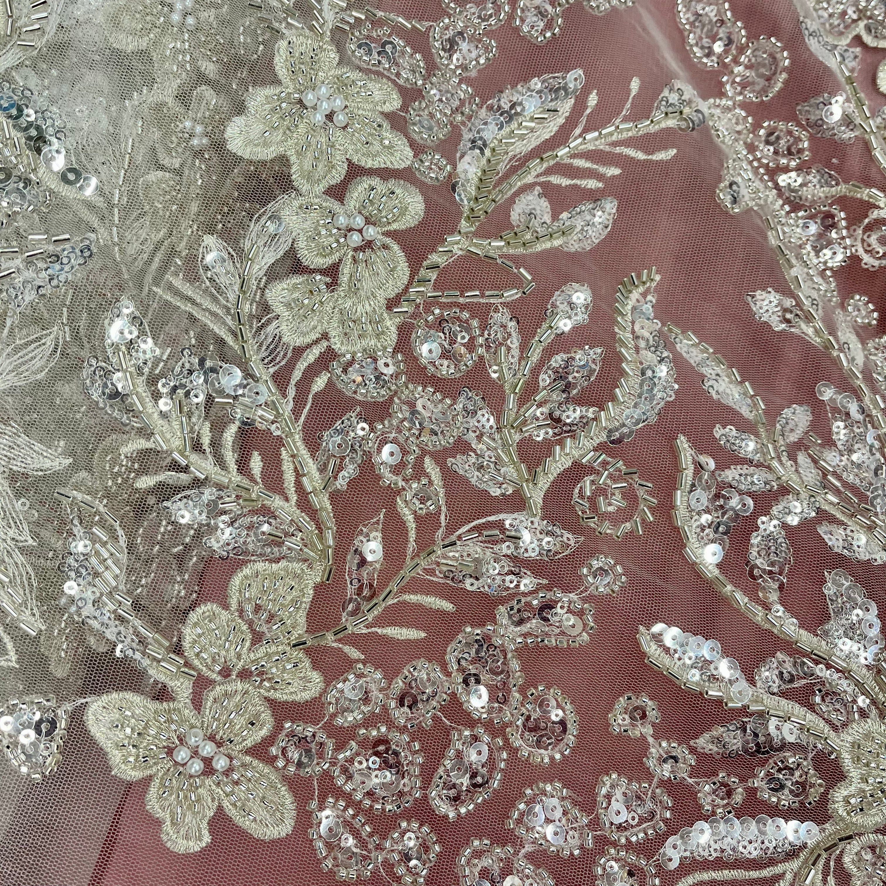 Beaded Lace Fabric Embroidered on 100% Polyester Net Mesh | Lace USA - GD-220703