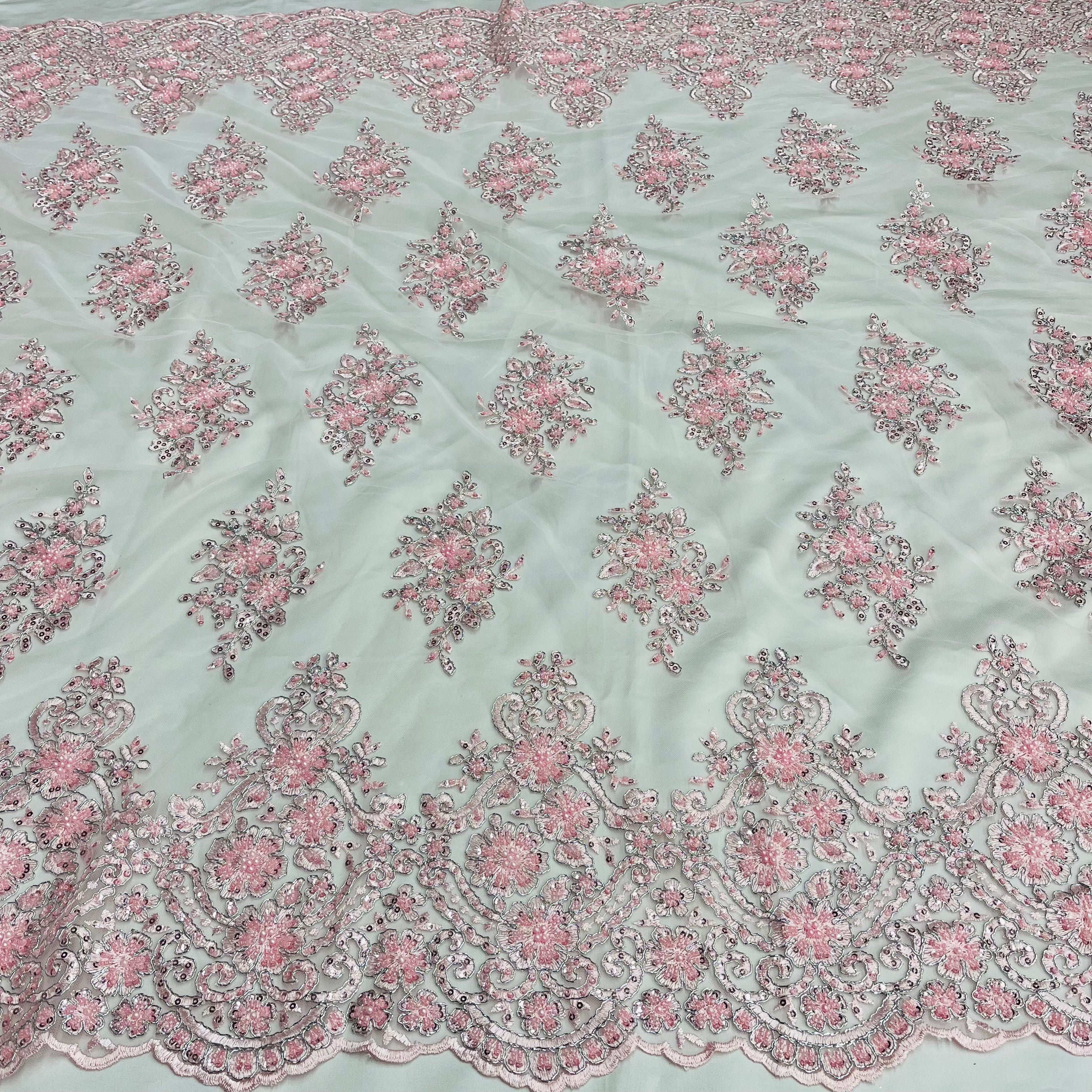 Beaded Corded Lace Fabric With Scallops Embroidered on 100% Poly Metallic | Lace USA - GD-1245