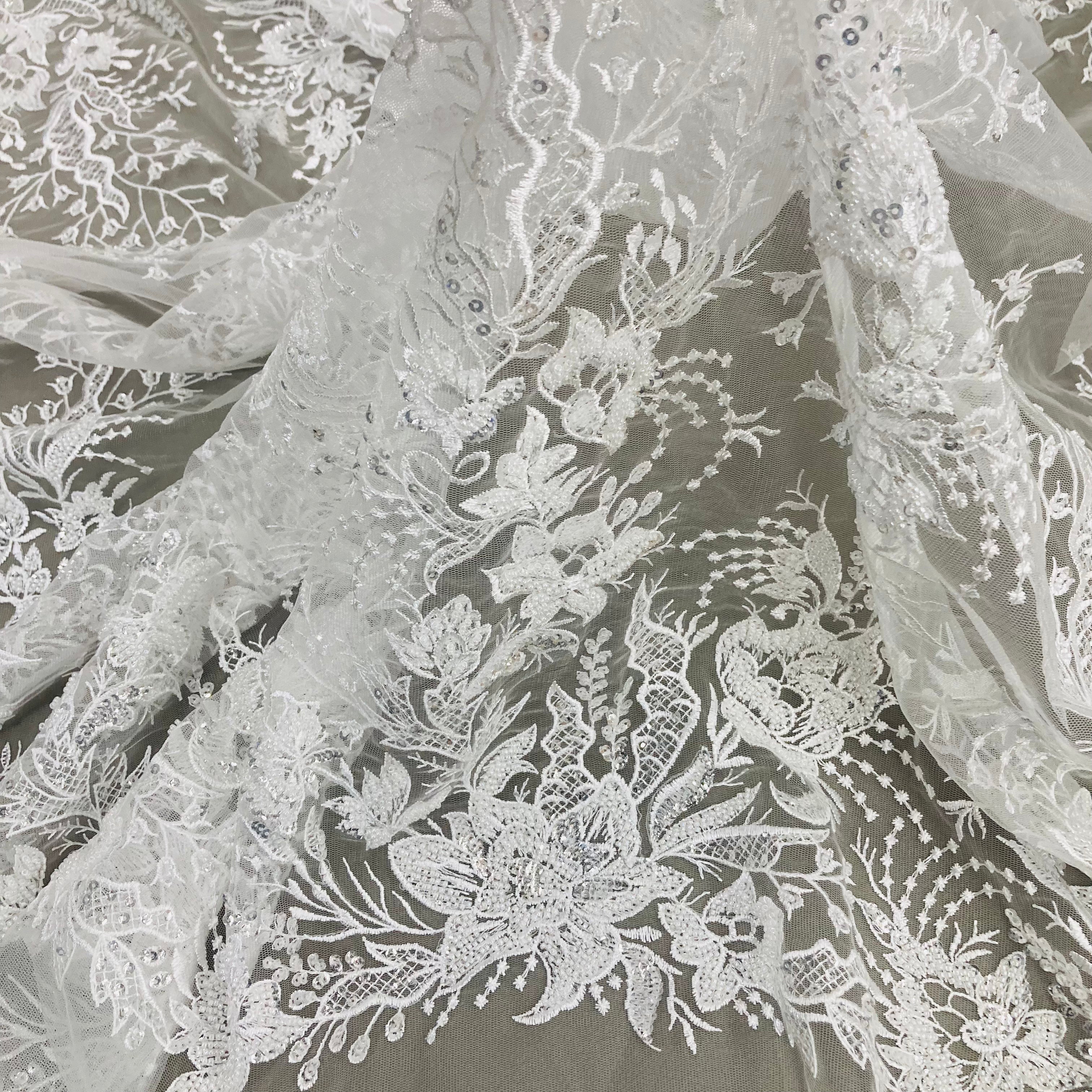 Beaded Lace Fabric Embroidered on 100% Polyester Net Mesh | Lace USA - GD-66919
