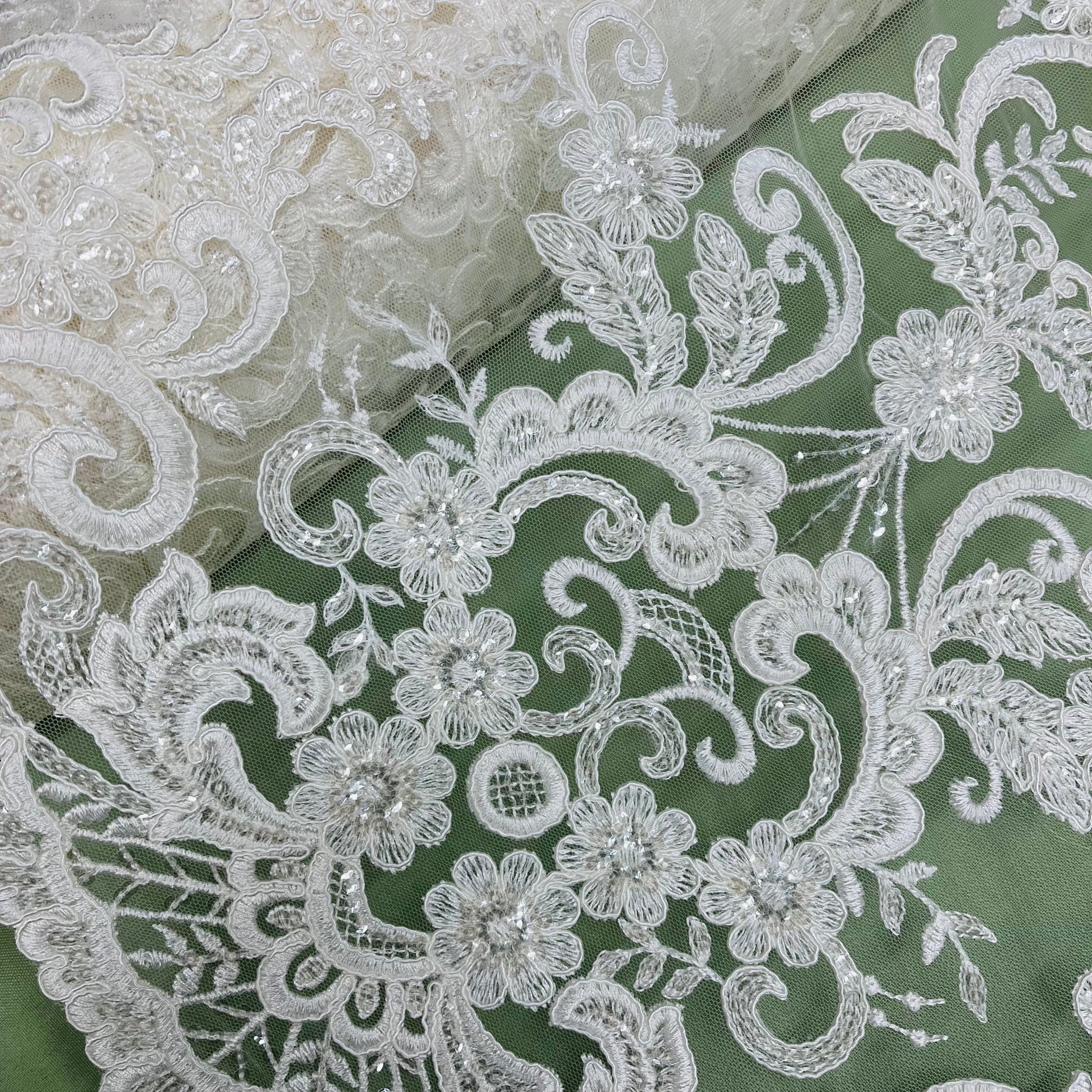 Ethereal Elegance: Beaded & Corded Bridal Embroidered Lace Fabric on Polyester Net Mesh| Lace USA - 97213W-SB