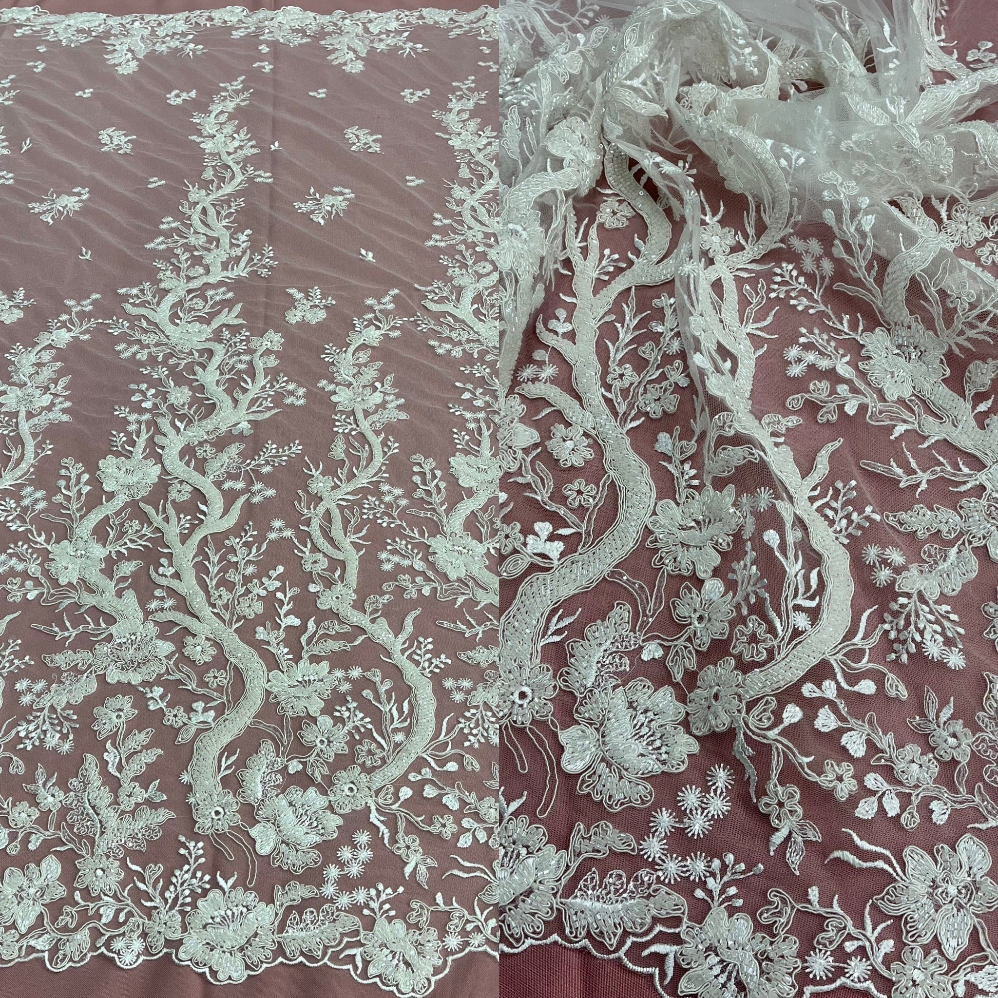 Beaded & Corded Bridal Lace Fabric Embroidered on 100% Polyester Net Mesh | Lace USA - GD-12267