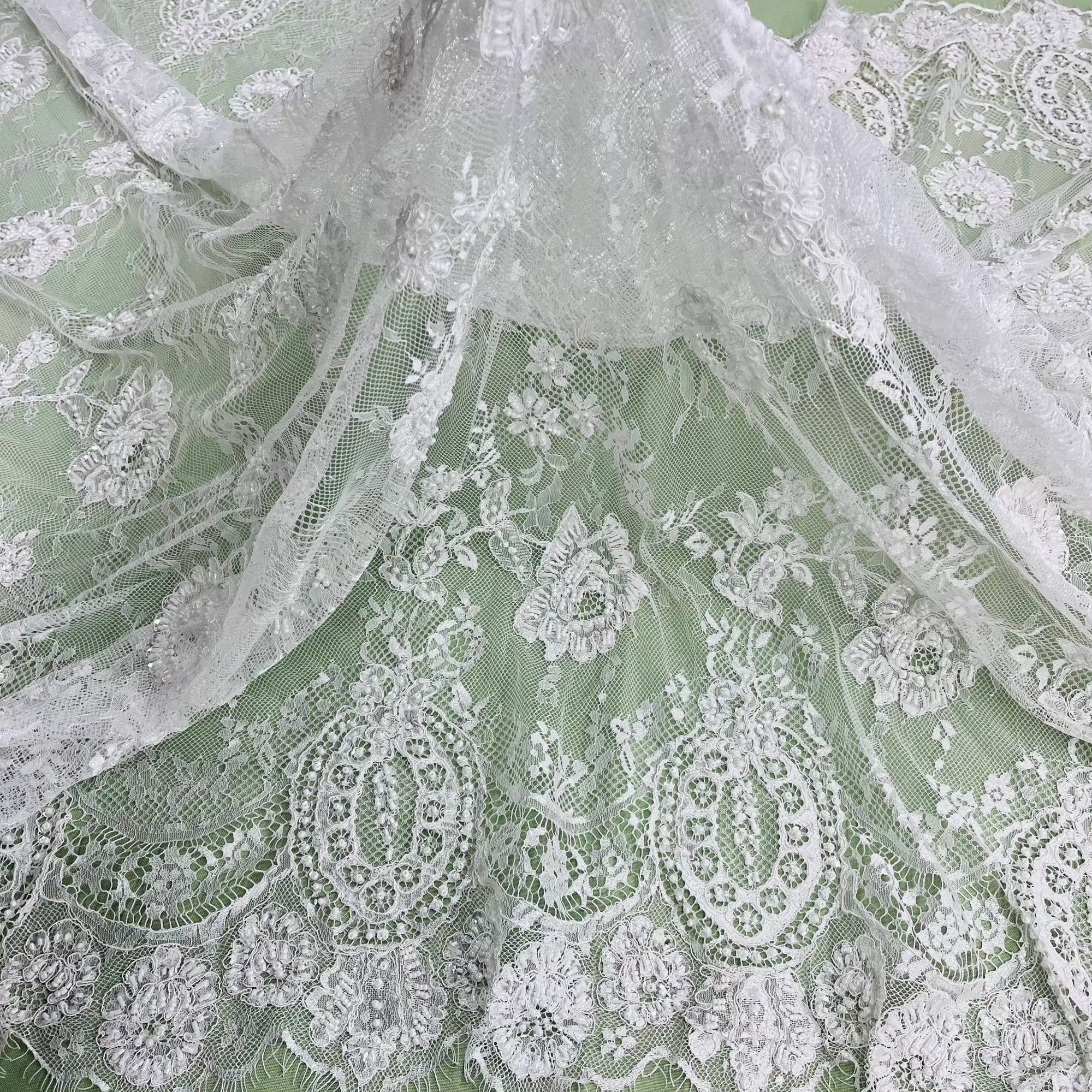 Beaded & Corded Chantilly Floral Lace Fabric-  3 Yards Precut | Lace USA - 97143W-BP