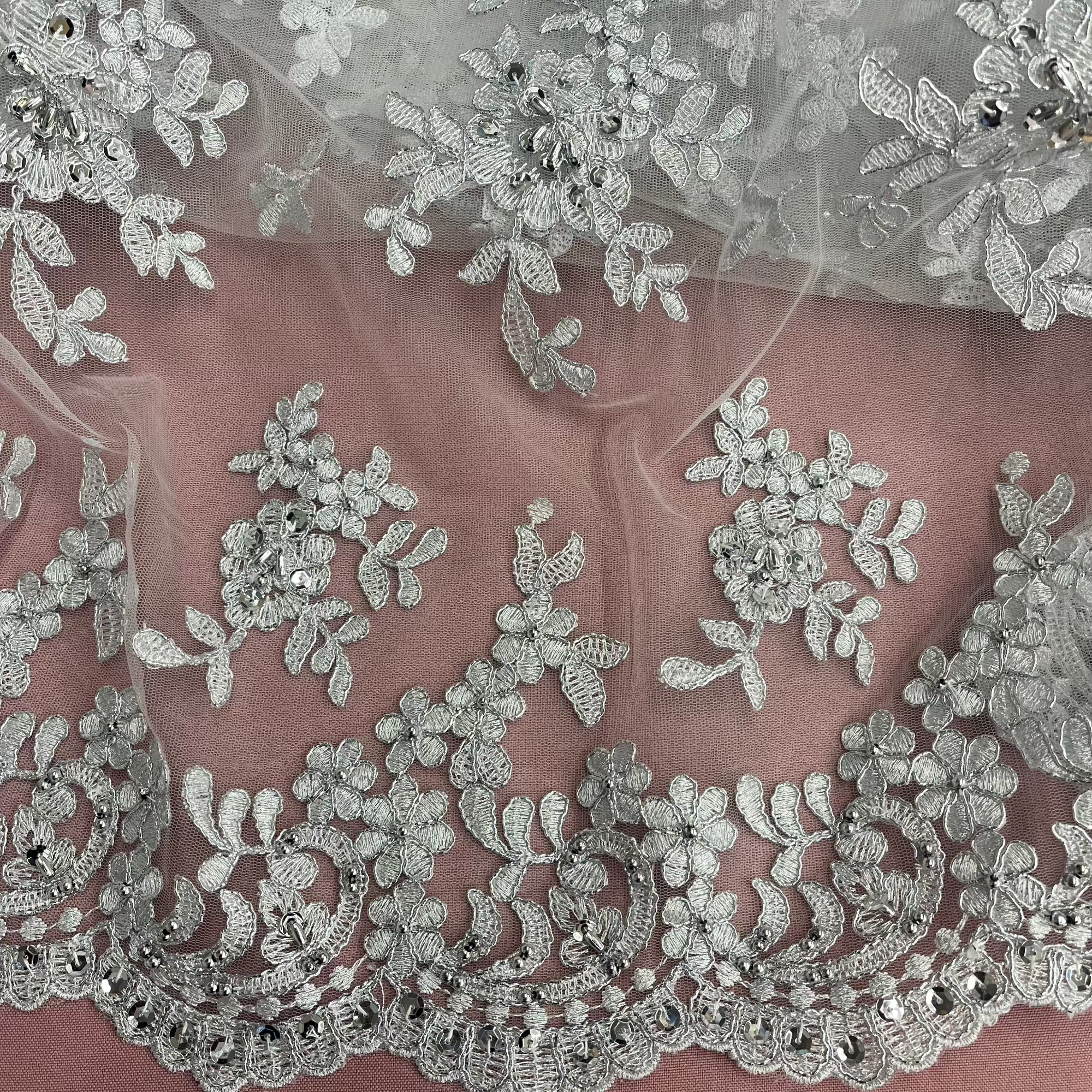 Beaded & Corded Lace Fabric – Floral Design with Scalloped Edges | Lace USA - 91436W-BP