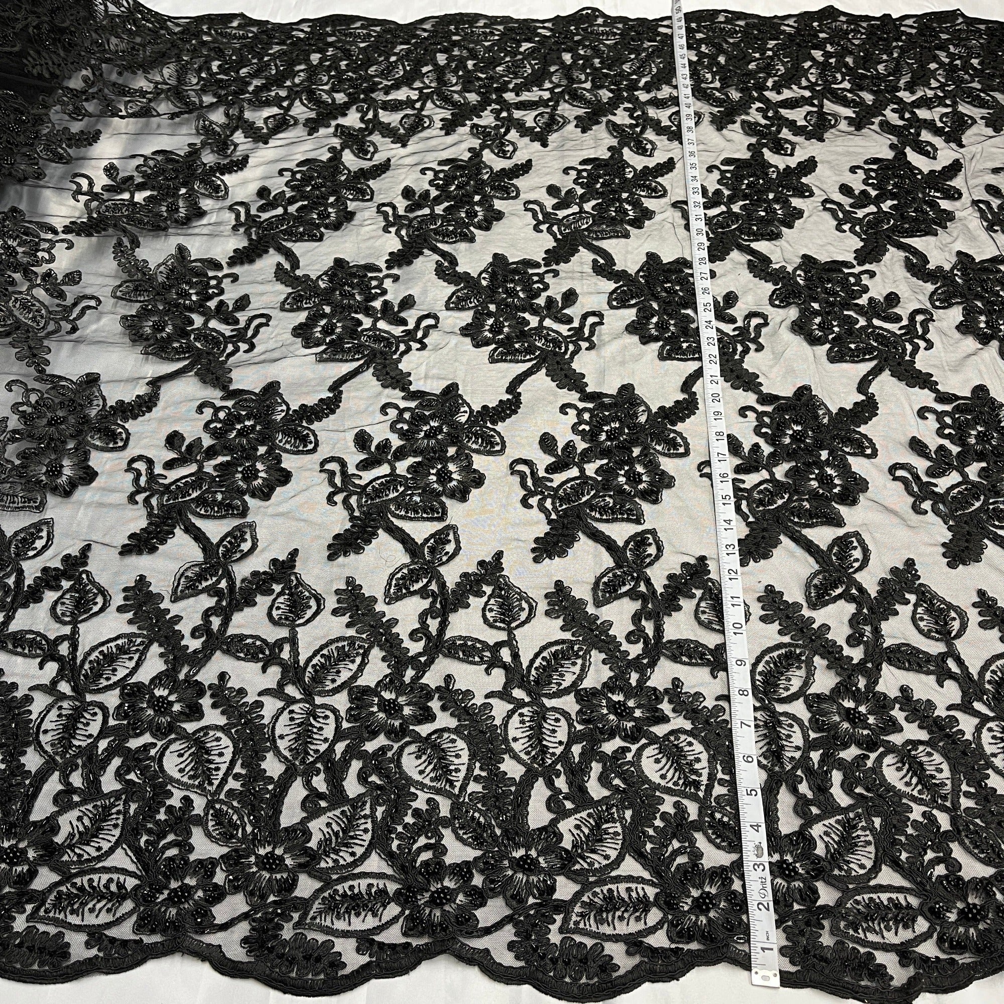 Beaded & Corded Lace Fabric Embroidered on 100% Polyester Net Mesh | Lace USA - GD-1823