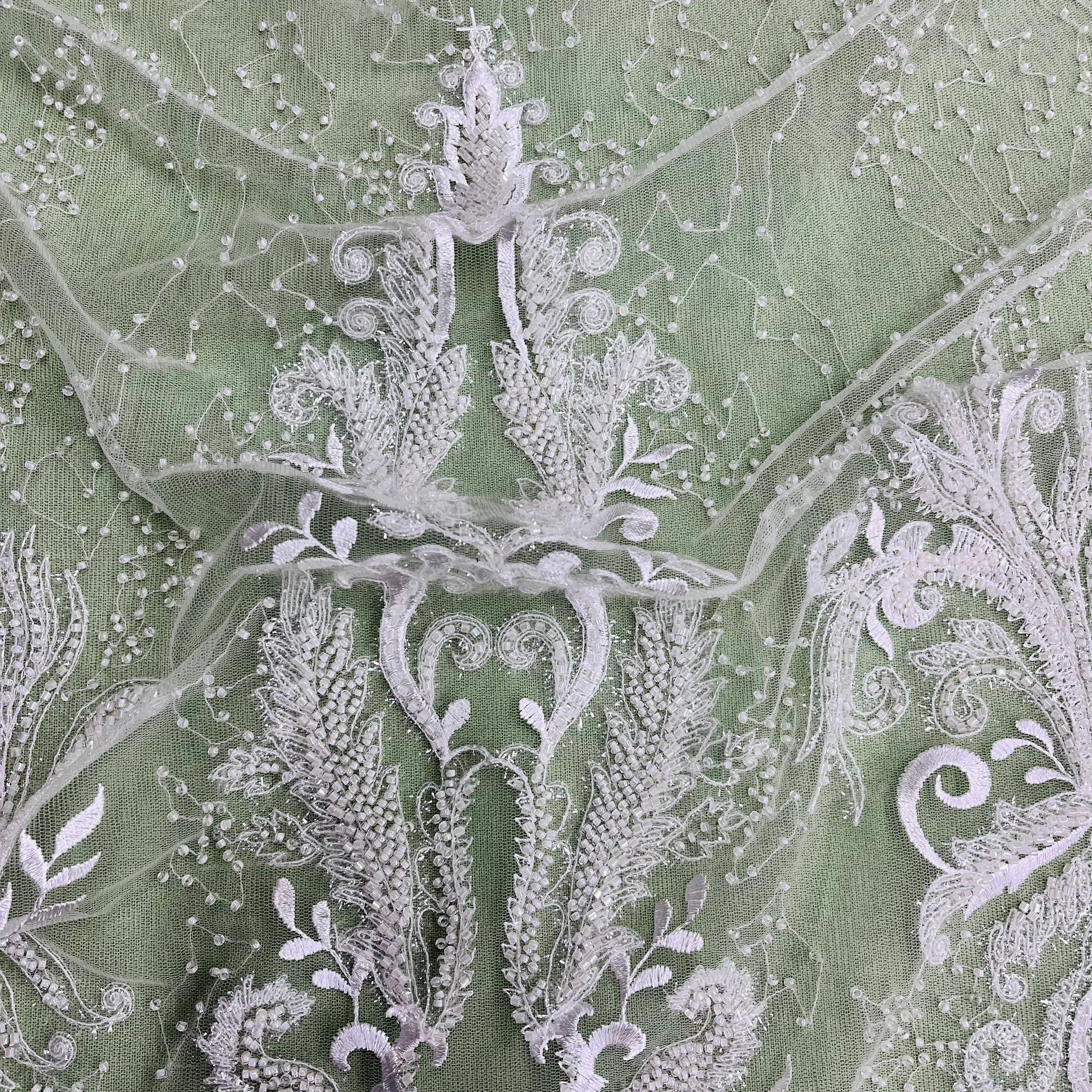 Beaded Lace Fabric Embroidered With Fuzzy Thread on 100% Polyester Net Mesh | Lace USA - GD-12264