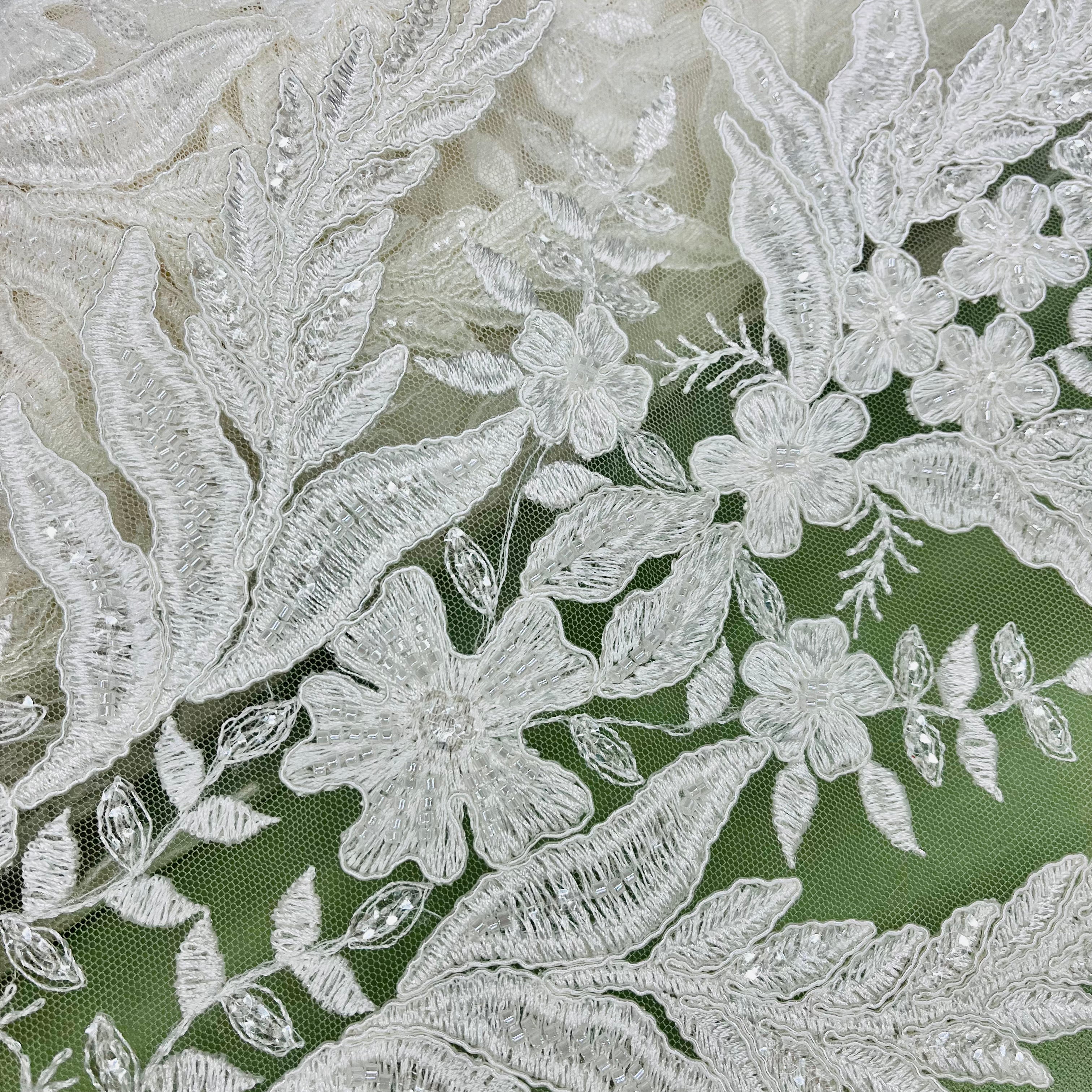 Exquisite Bridal Elegance: Beaded & Corded Embroidered Lace Fabric | Lace USA - 97221W-HB