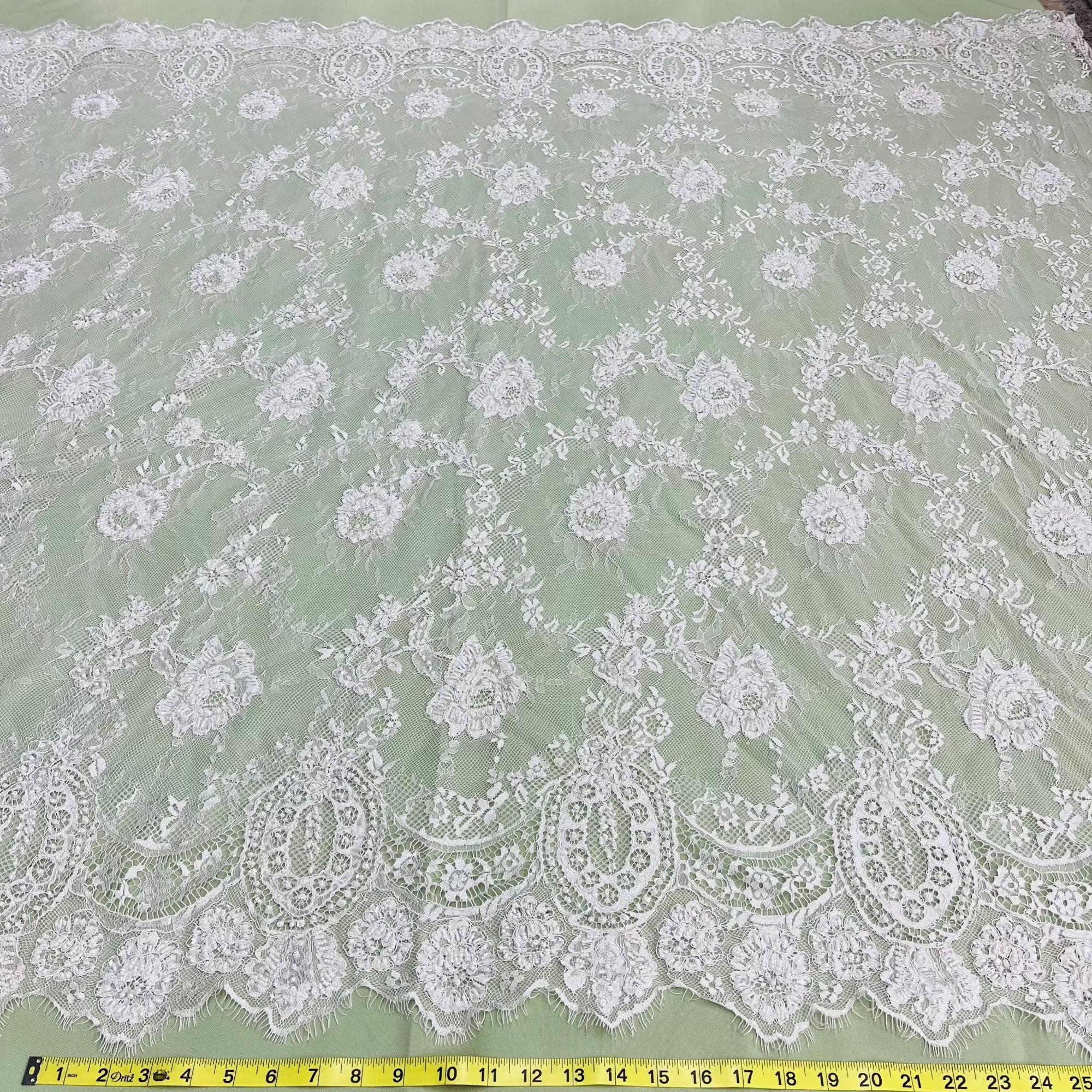 Beaded & Corded Chantilly Floral Lace Fabric-  3 Yards Precut | Lace USA - 97143W-BP
