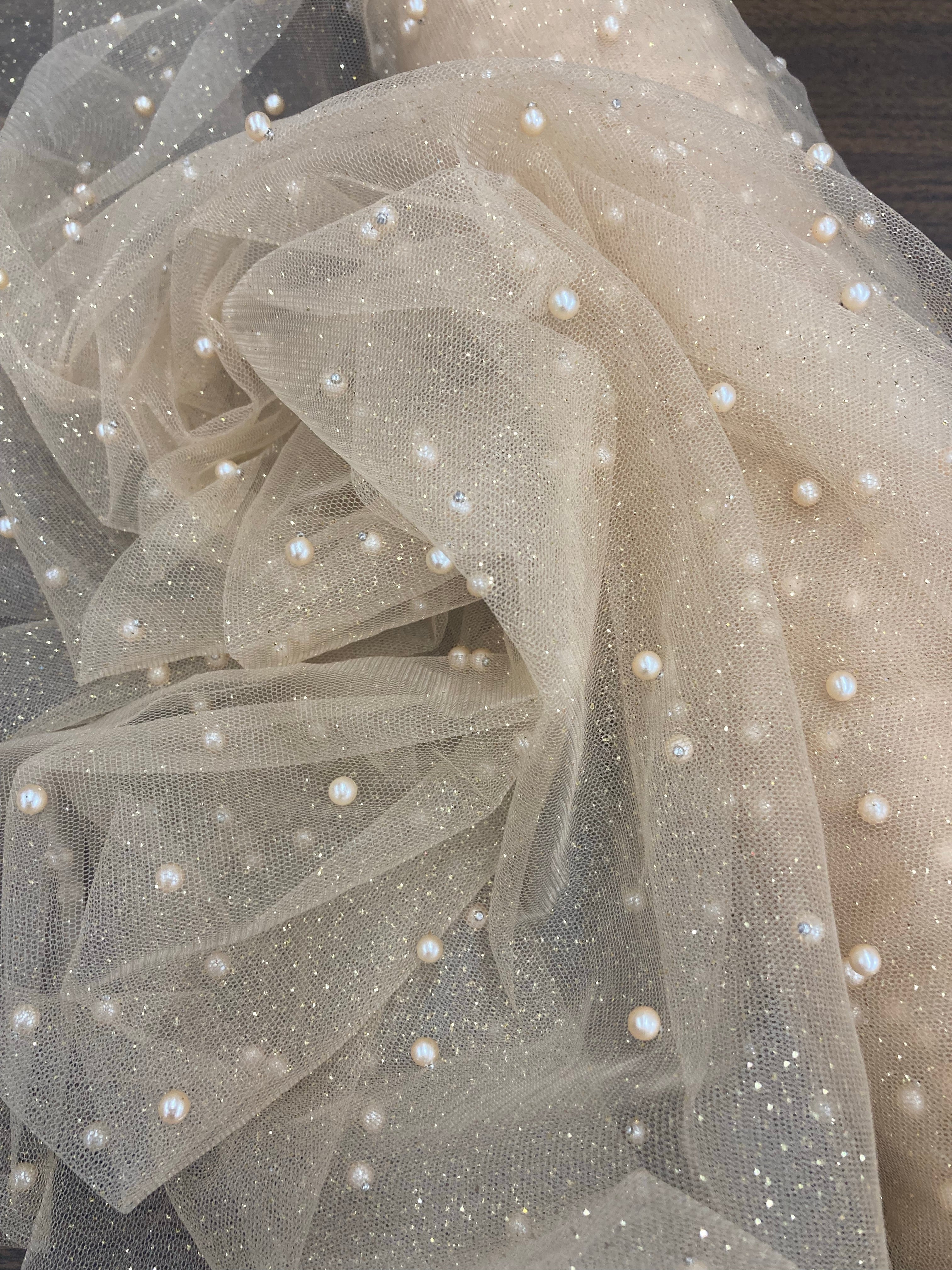 Glitter Mesh Fabric with Scattered Pearls 2-Way Stretch | Lace USA -  Net Pearls