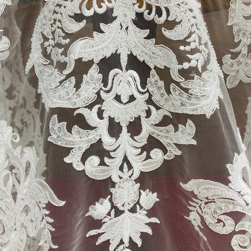 Beaded & Corded Lace Fabric Embroidered on 100% Polyester Net Mesh | Lace USA - GD-59828