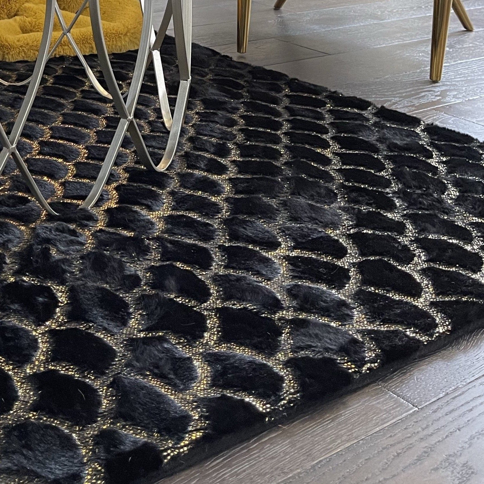 Enchanting Black Mermaid Half Moon Rug with Shimmery Golden Metallic Faux Fur Chinchilla Touch