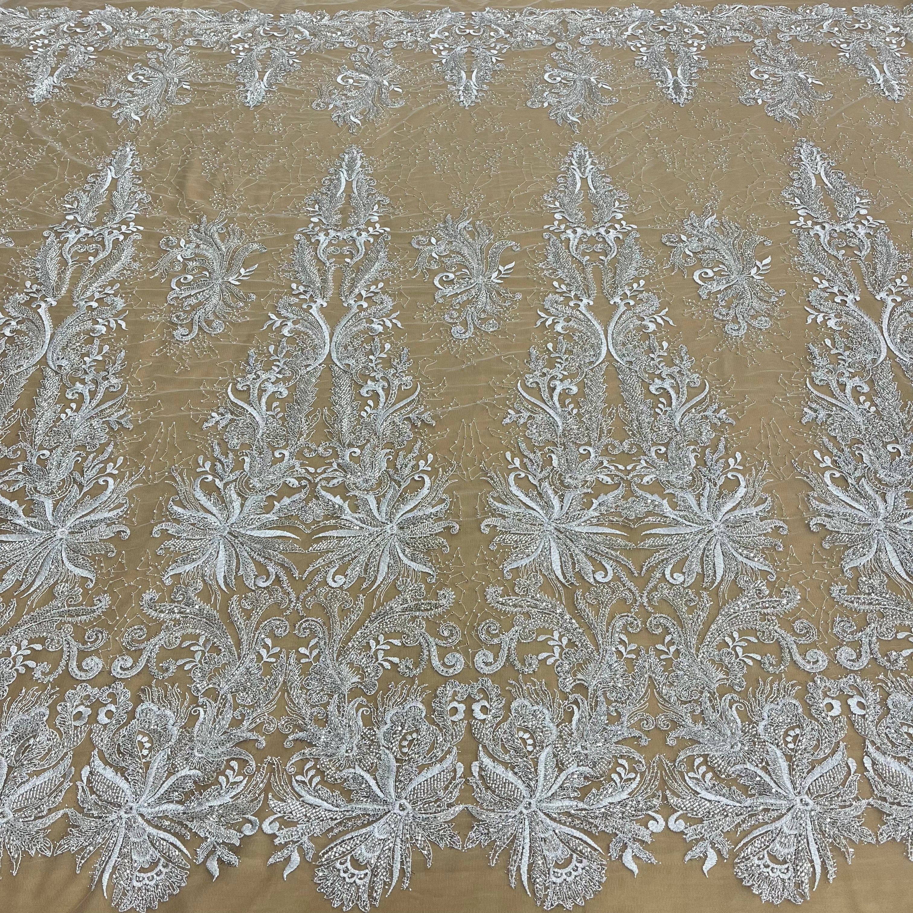 Beaded Lace Fabric Embroidered With Fuzzy Thread on 100% Polyester Net Mesh | Lace USA - GD-12264