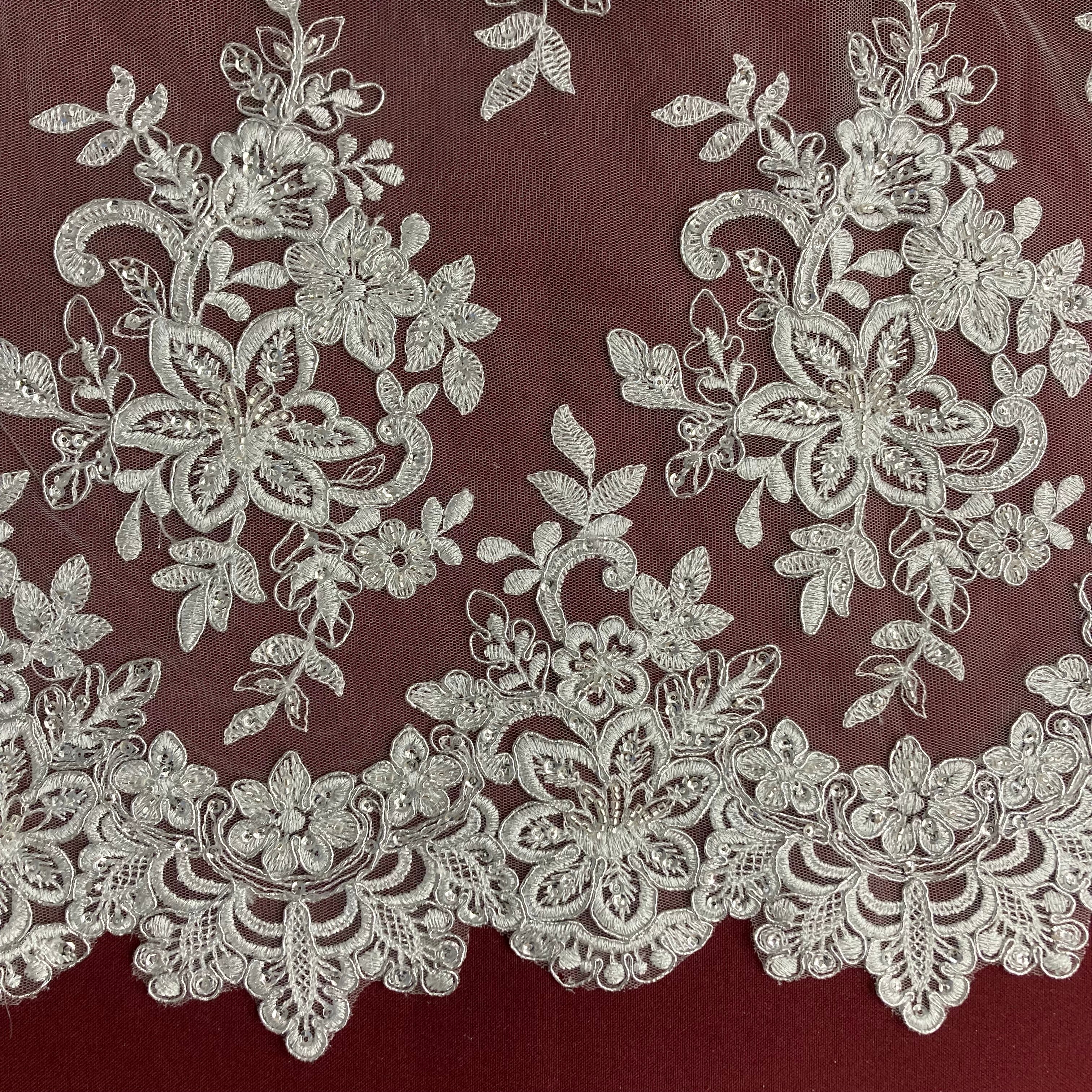 Beaded & Corded Bridal Lace Fabric Embroidered on 100% Polyester Net Mesh | Lace USA - 96983W-HB