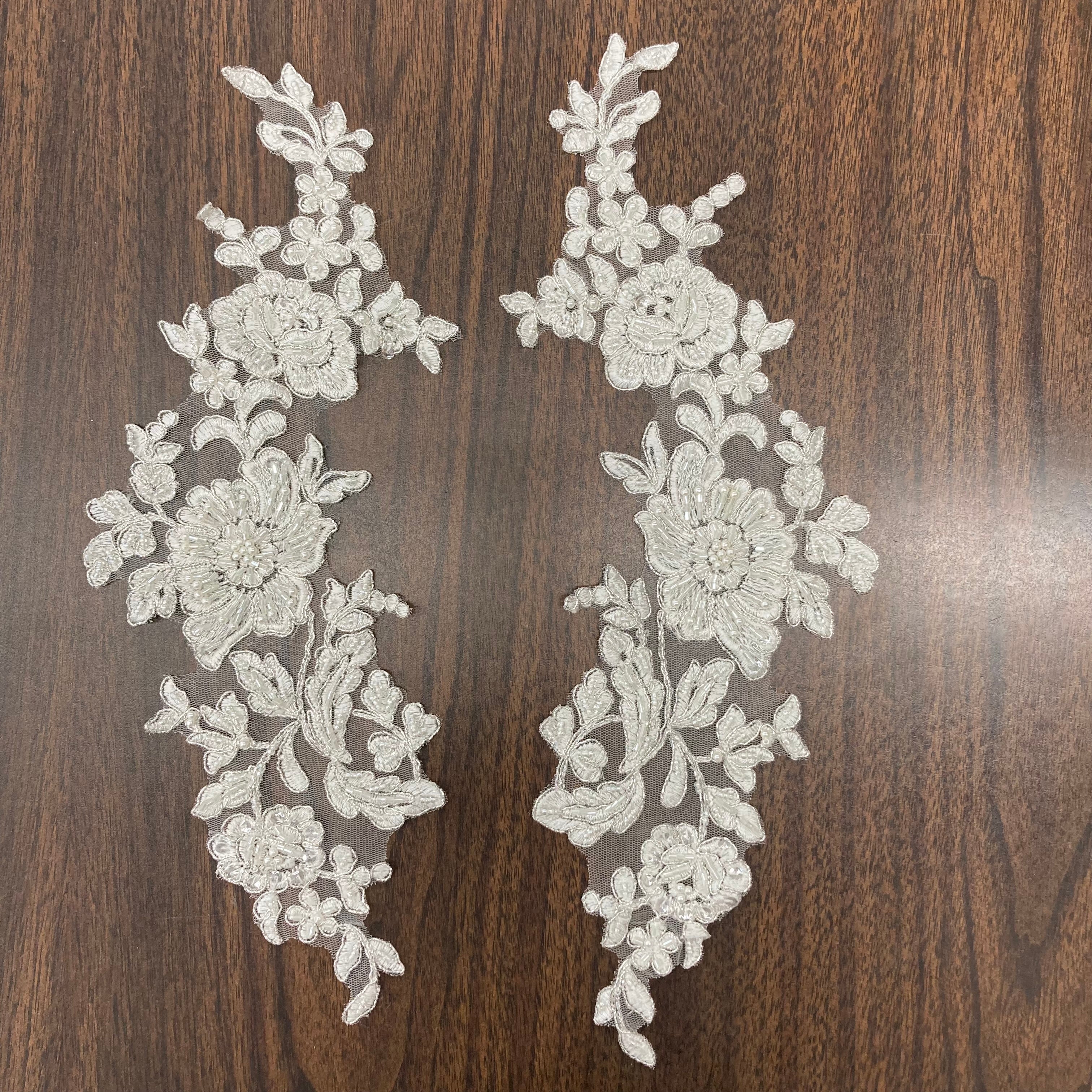Beaded & Corded Floral Lace Applique Embroidered on 100% Polyester Net Mesh | Lace USA - 96438W-BP
