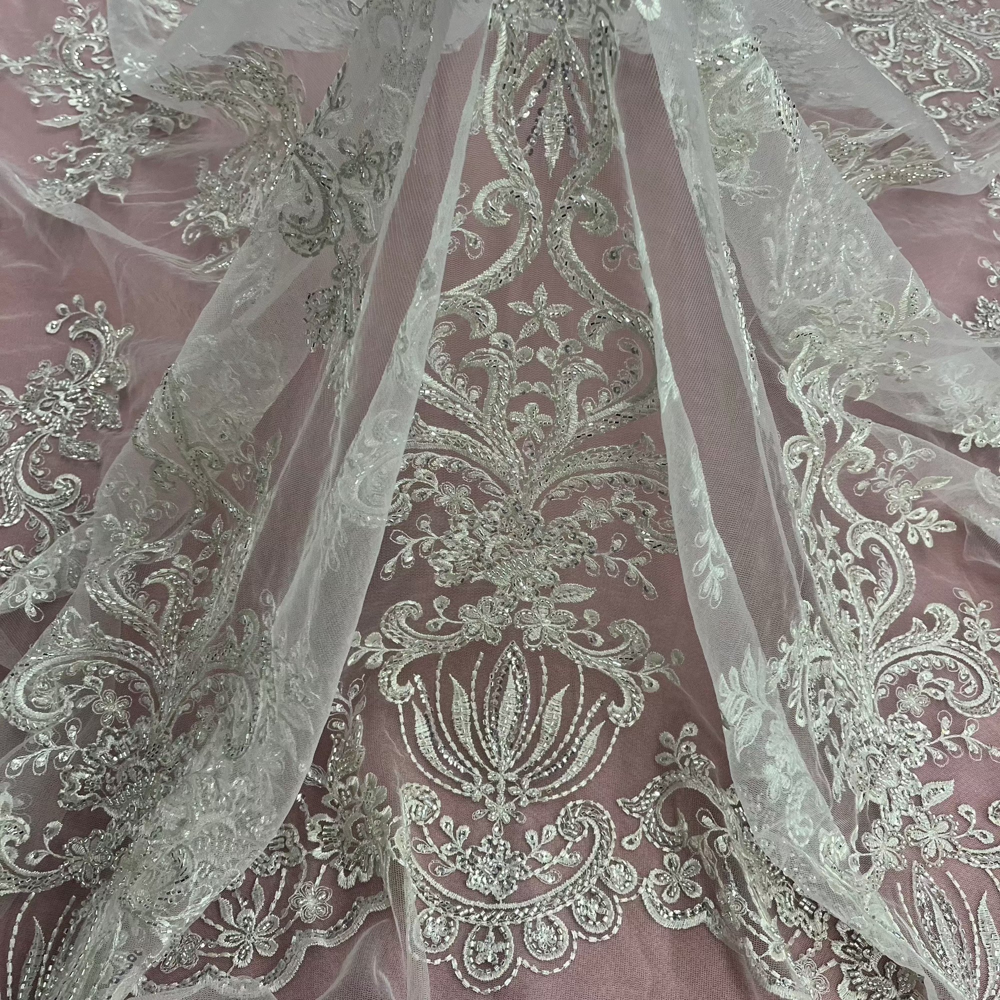 Beaded Lace Fabric Embroidered on 100% Polyester Net Mesh | Lace USA - GD-12186