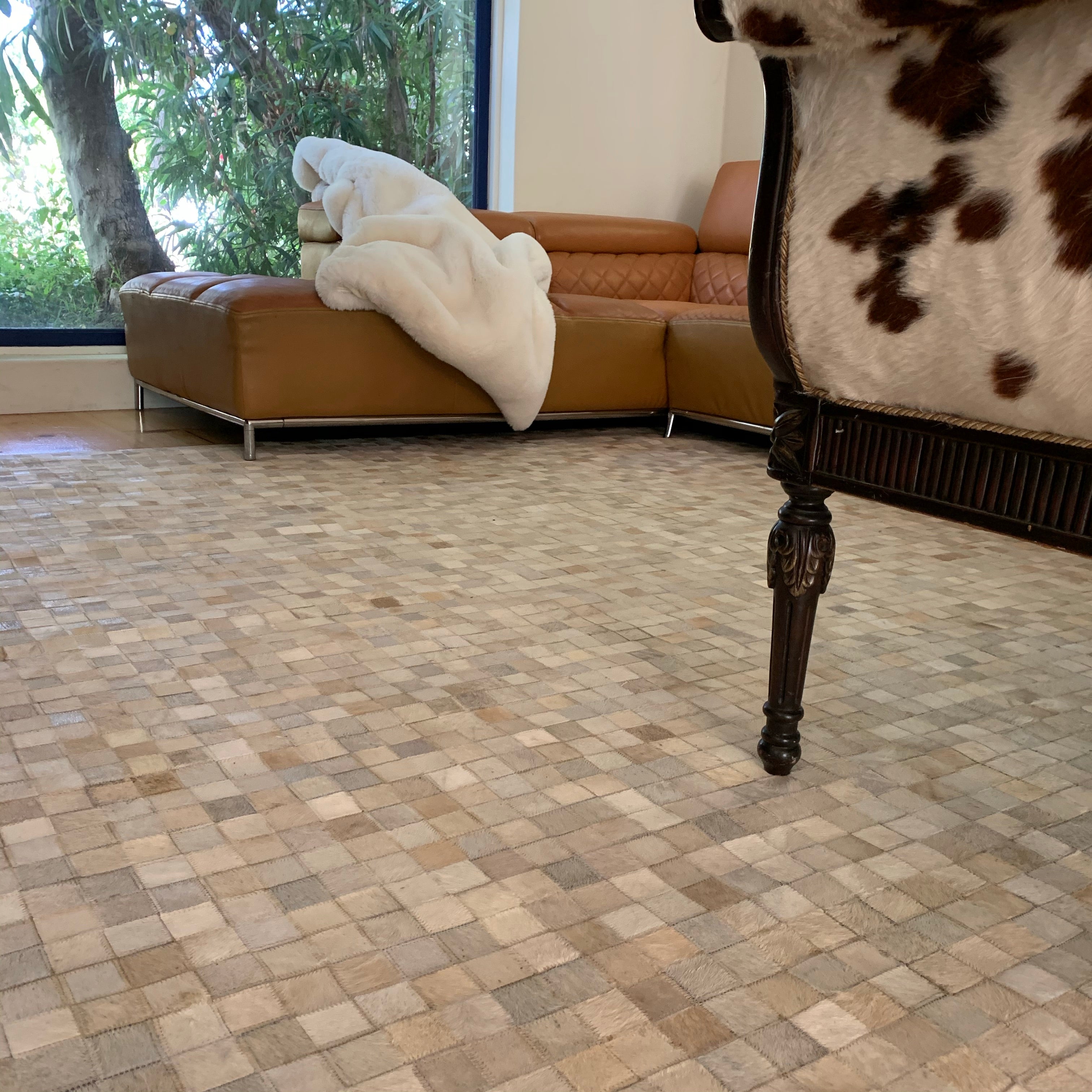 Natural Cowhide Leather Patchwork Tile Area Rug
