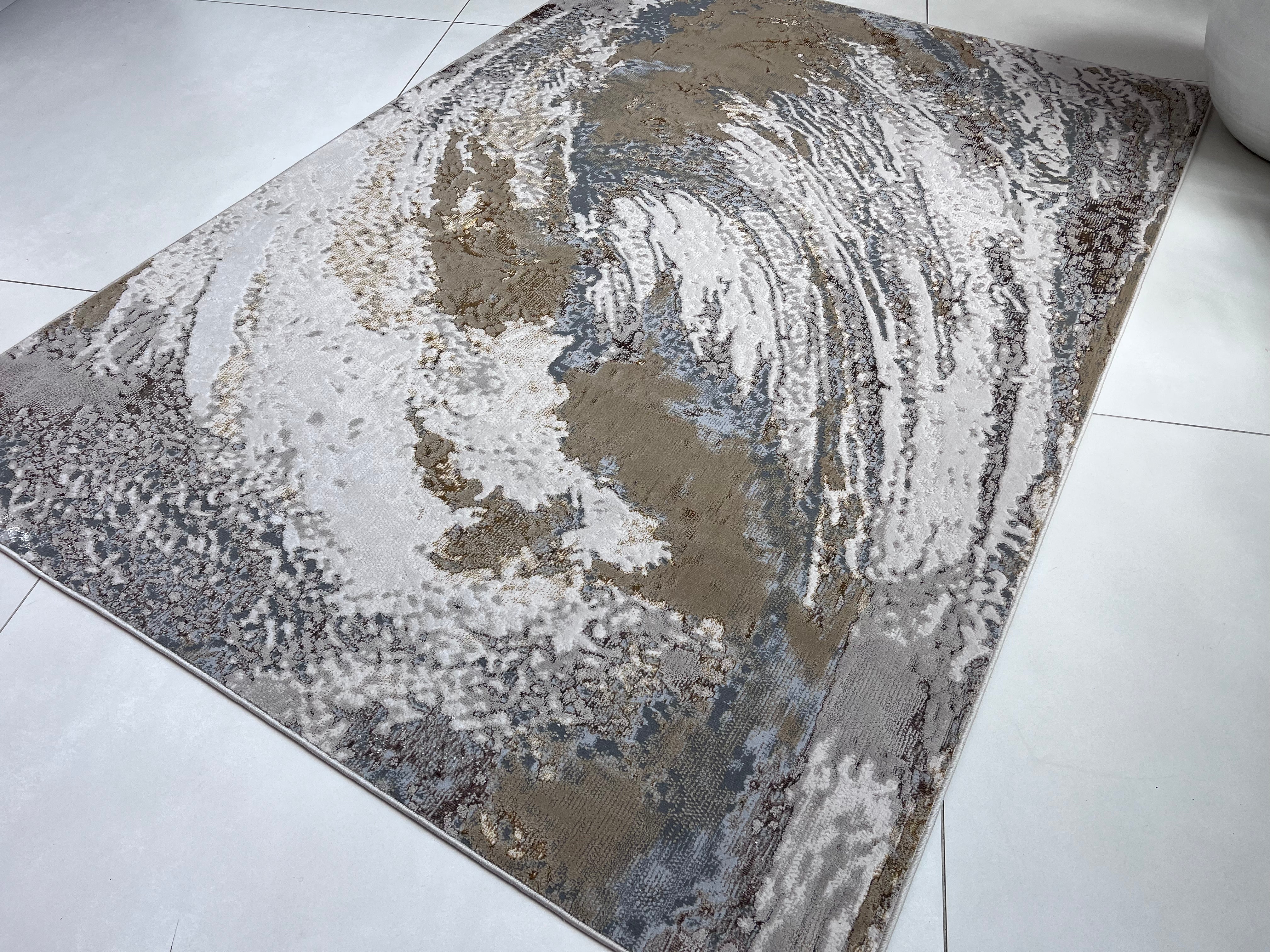 Polyester Silver with Gold Viscose Blend Swirl Design Rug/Carpet - Style# Maximus 240 - Color-Changing Flat Weave Rug