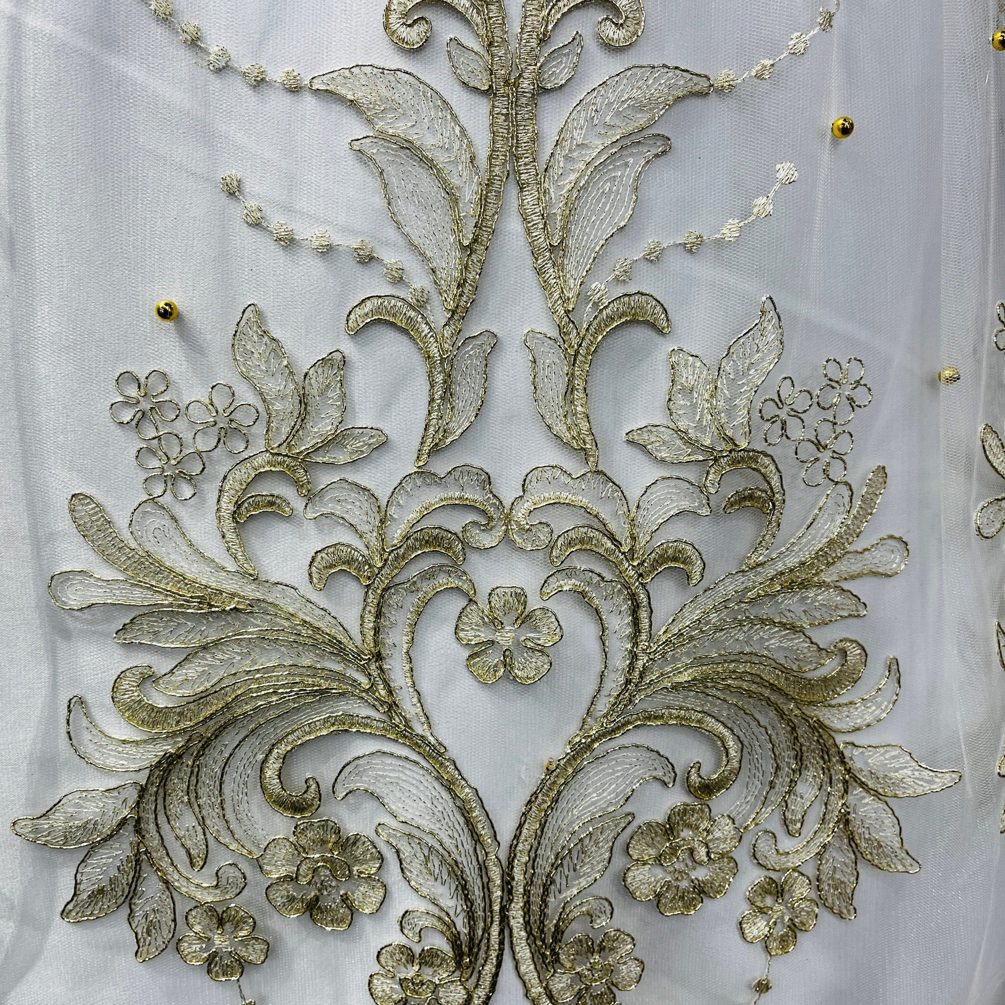 Beaded & Corded Bridal Lace Fabric Embroidered on 100% Polyester Net Mesh | Lace USA - 73013W-NB