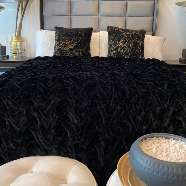 Braided Fluffy Faux Fur Chinchilla Black Bed Cover/ Coverlet/ Blanket/ Comforter/ King Cal Size - Queen Size