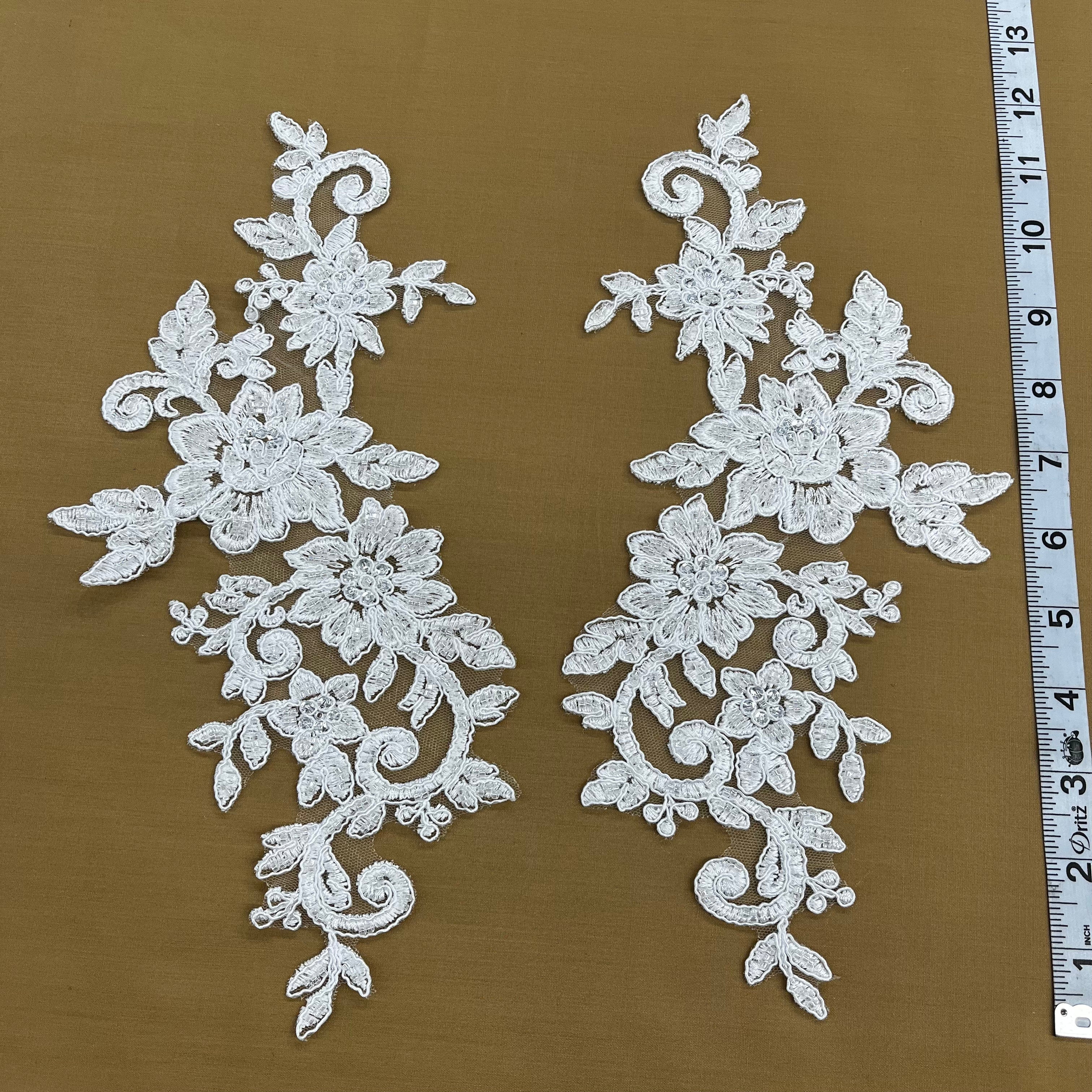 Beaded & Corded Floral Lace Applique Embroidered on 100% Polyester Net Mesh | Lace USA - 96440W-HB