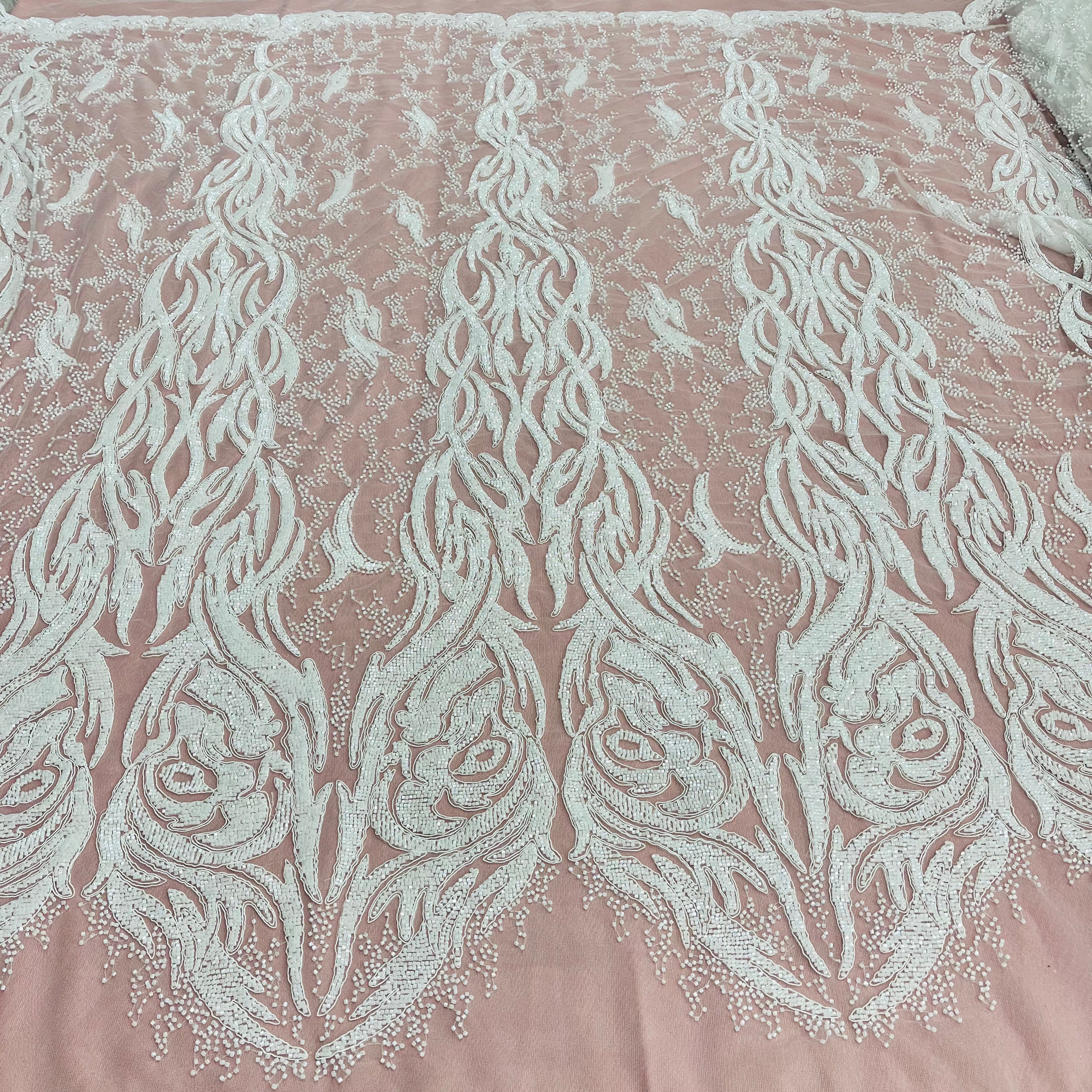 Beaded & Corded Bridal Lace Fabric Embroidered on 100% Polyester Net Mesh | Lace USA -GD-12622
