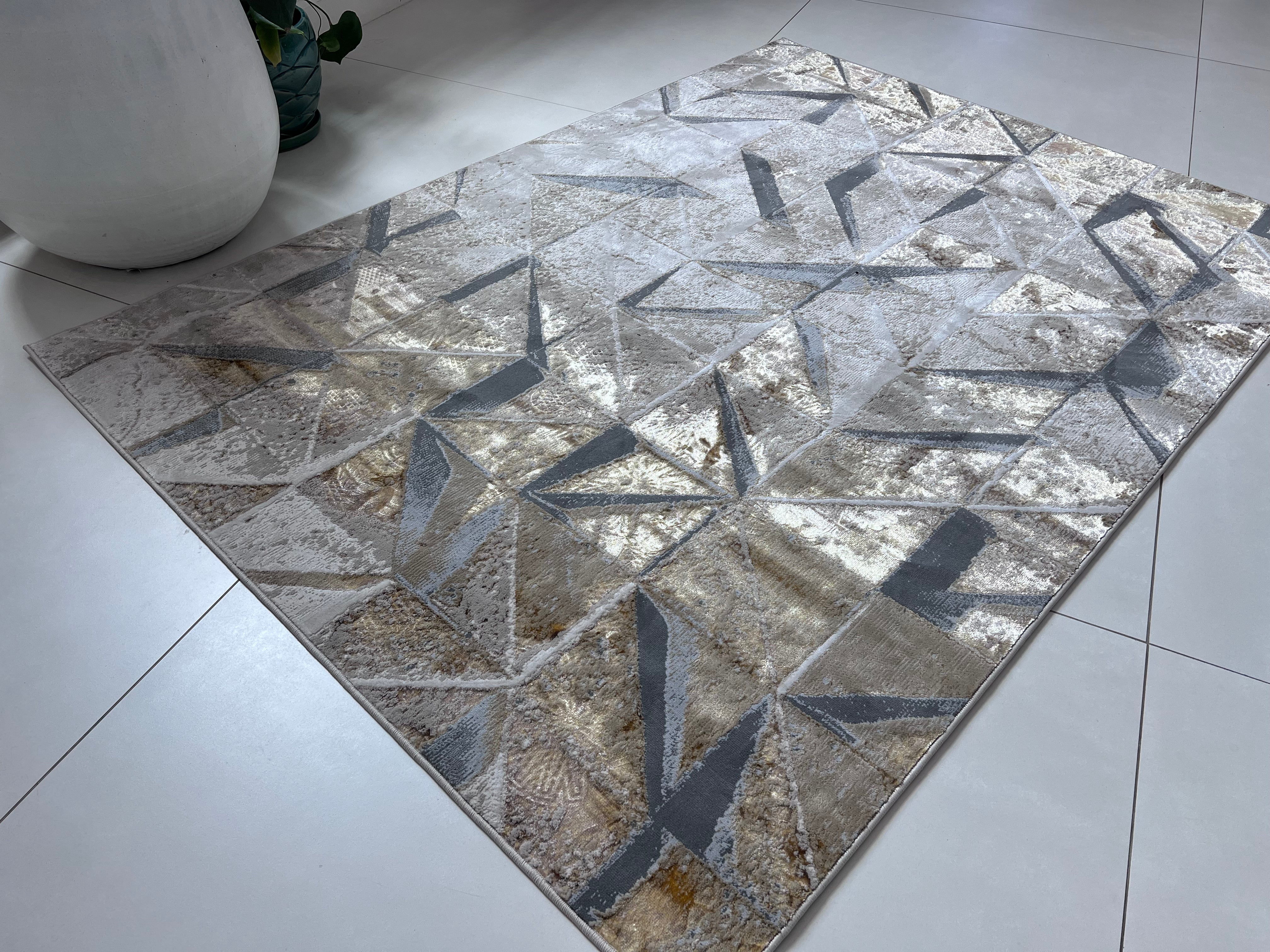 Polyester Silver with Gold Viscose Blend Geometric Design Rug/Carpet - Style# Maximus 242 - Color-Changing Flat Weave Rug