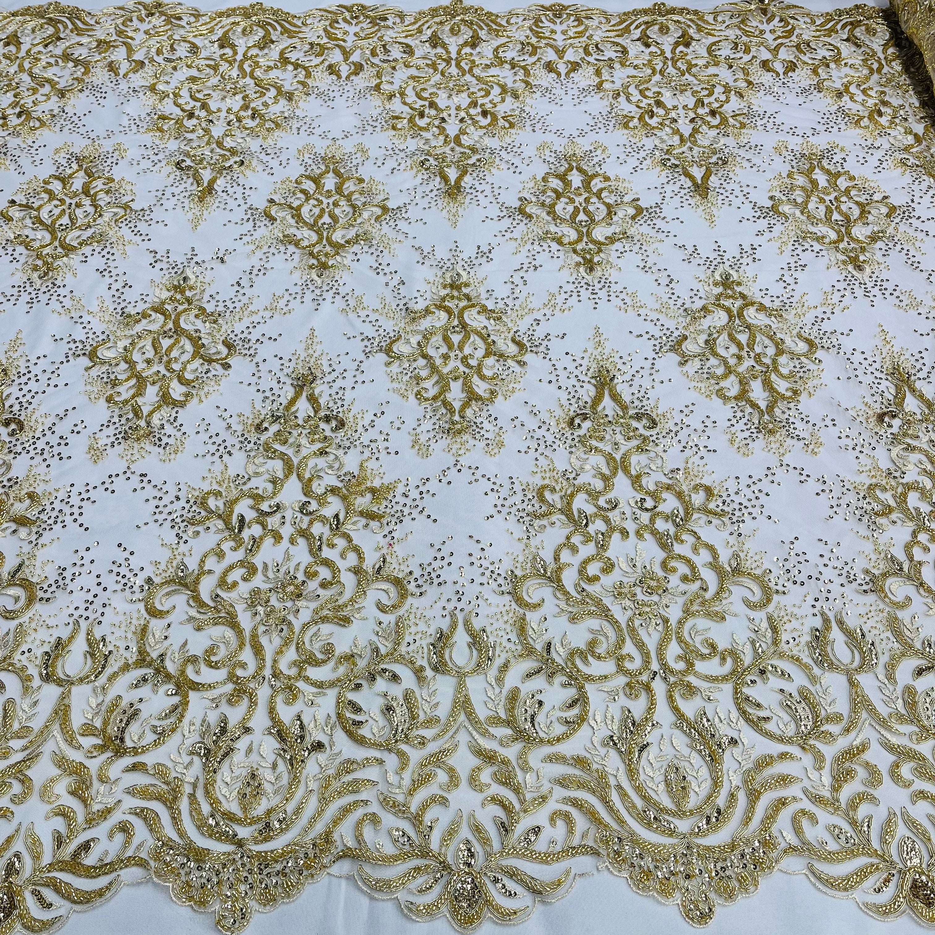 Beaded & Corded Bridal Lace Fabric Embroidered on 100% Polyester Net Mesh | Lace USA - GD-12266