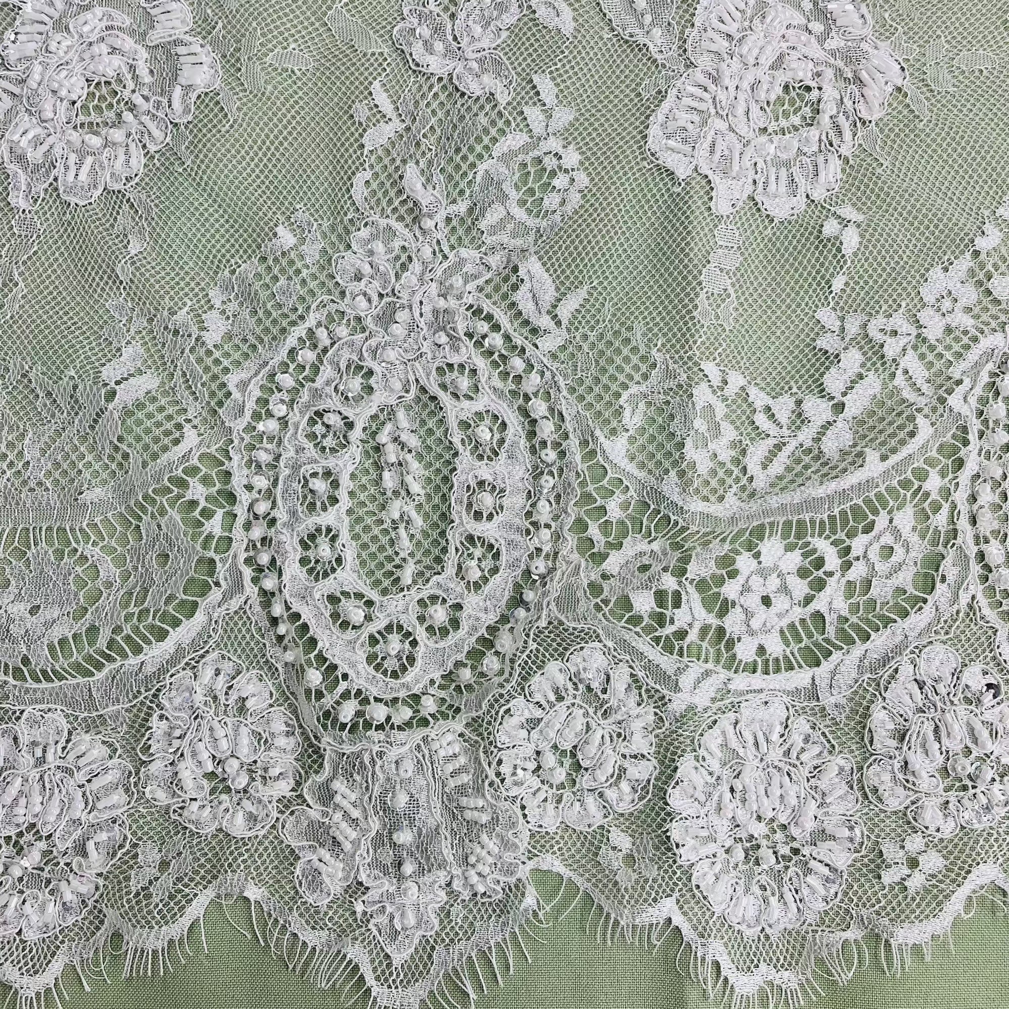 Beaded & Corded Chantilly Floral Lace Fabric-  3 Yards Precut | Lace USA - 97143W-BP
