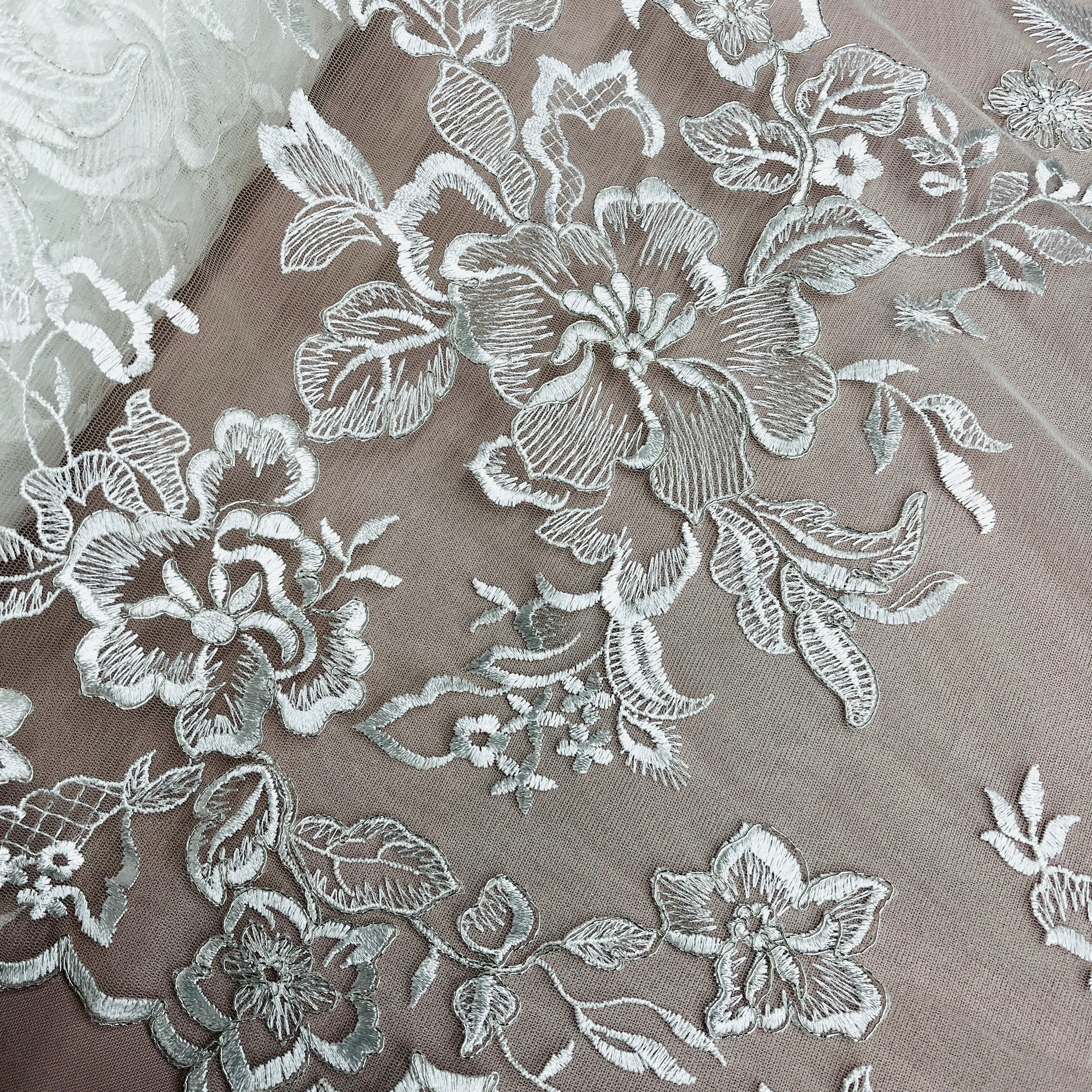 Corded Bridal Lace Fabric Embroidered on 100% Polyester Net Mesh | Lace USA - 97126W