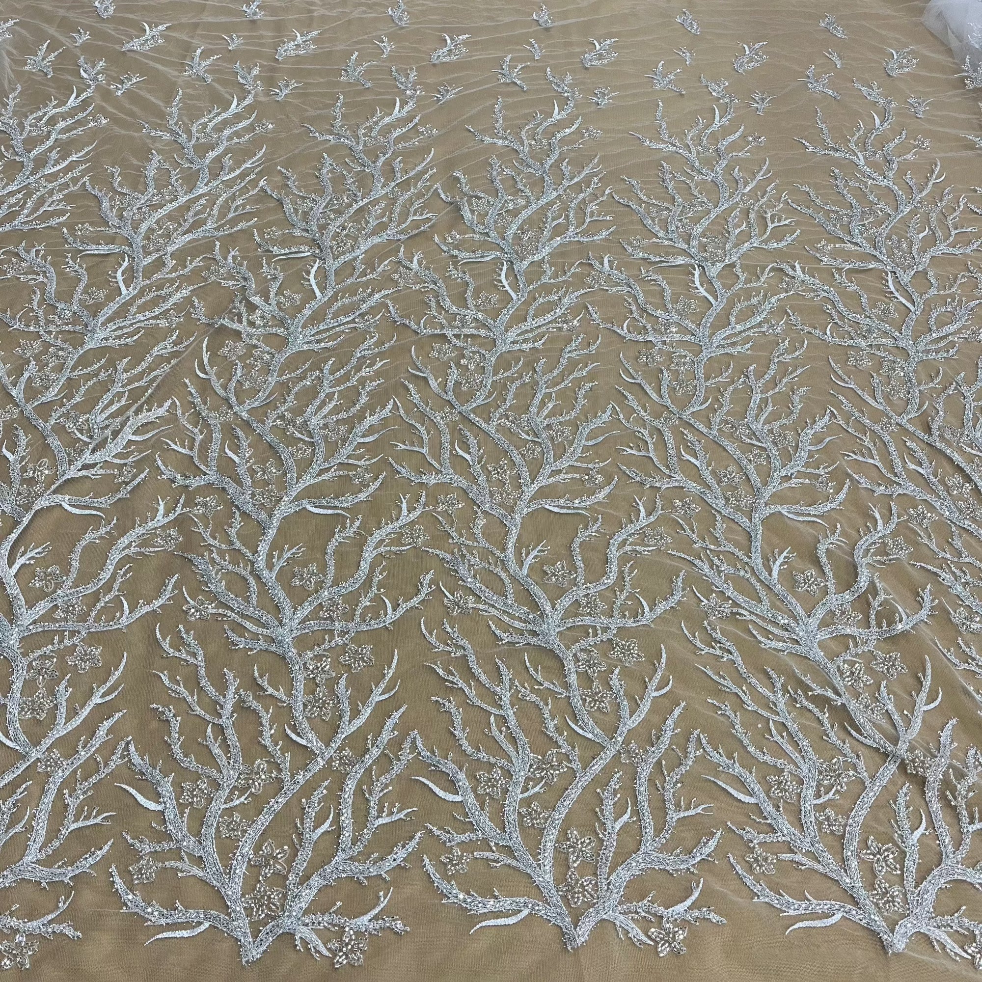Beaded Lace Fabric Embroidered With Fuzzy Thread on 100% Polyester Net Mesh | Lace USA - GD-12263