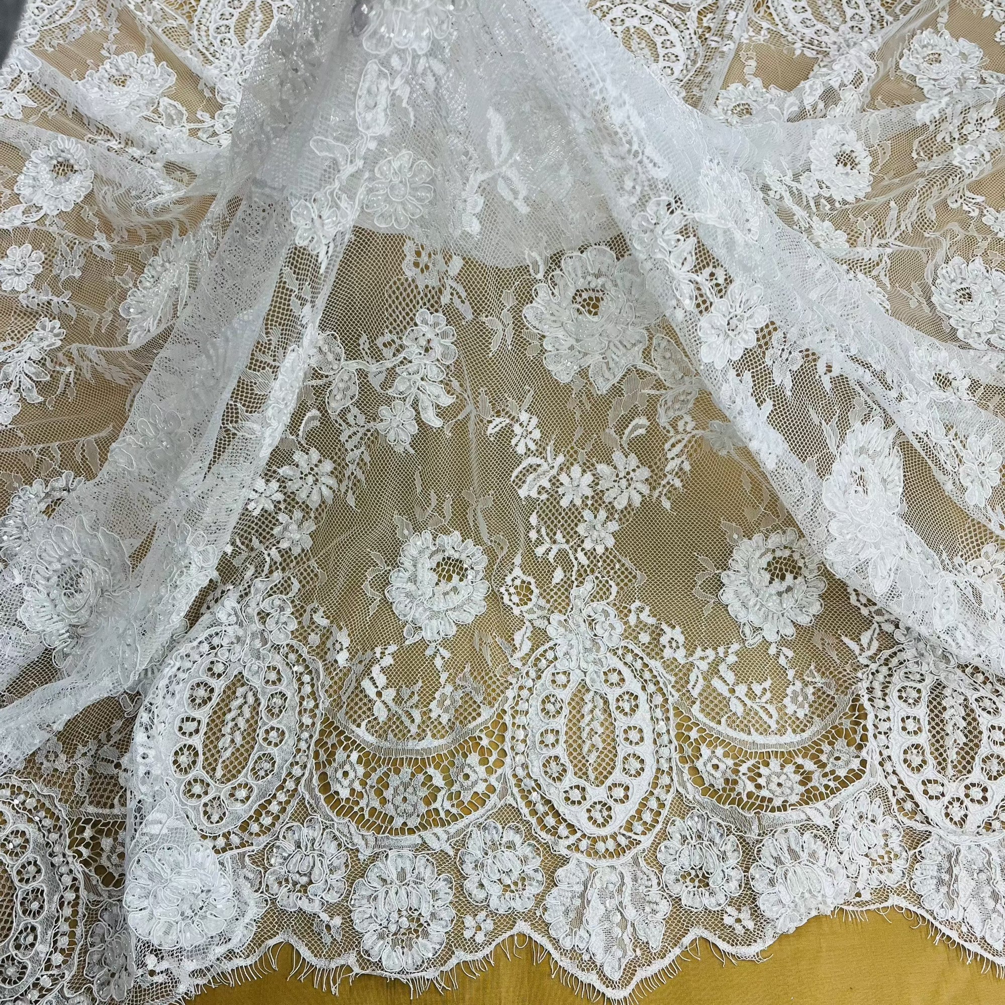 Beaded & Corded Chantilly Floral Lace Fabric-  3 Yards Precut | Lace USA - 97143W-BP