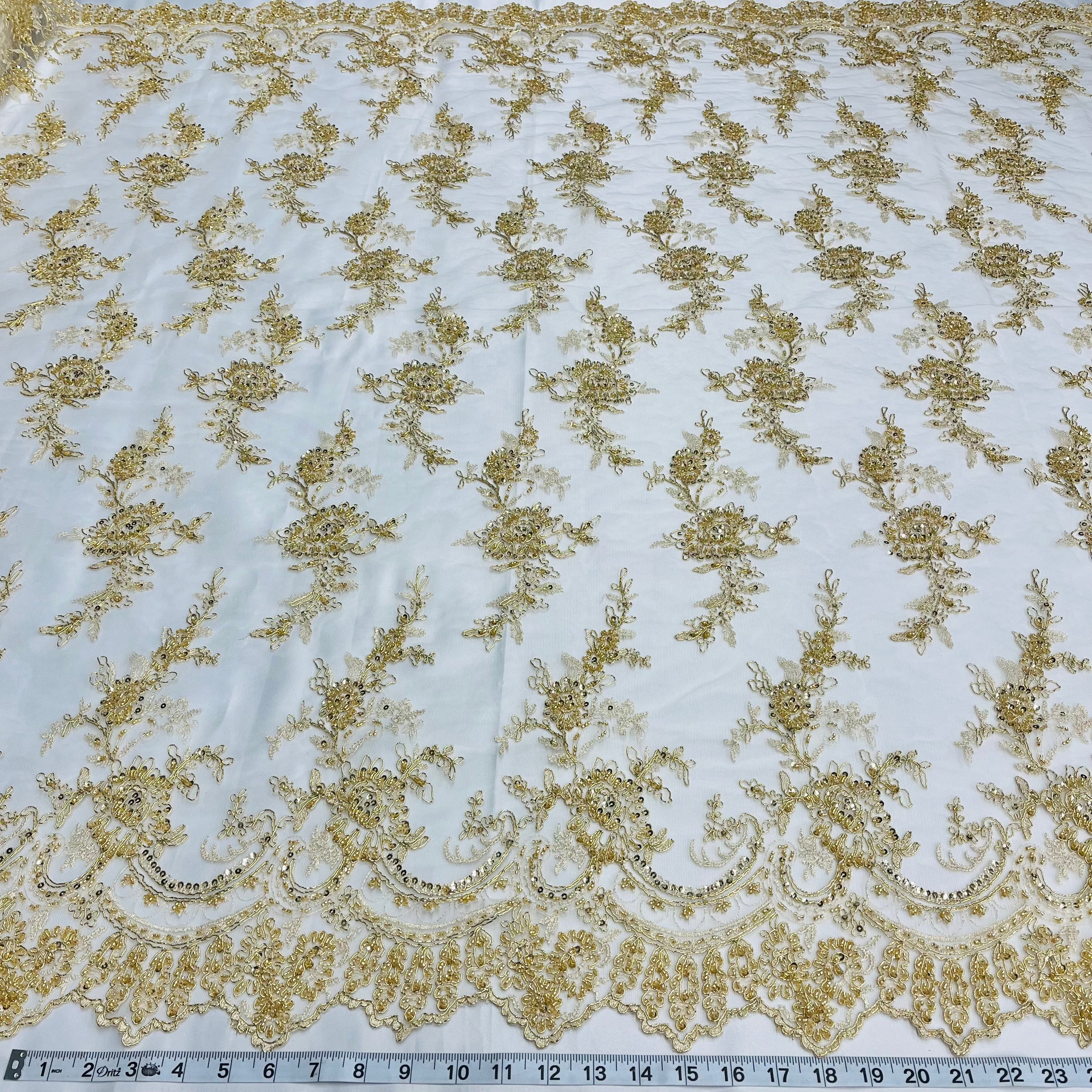 Beaded & Corded Bridal Fabric Lace Embroidered on 100% Polyester Net Mesh | Lace USA - 96979W-HB