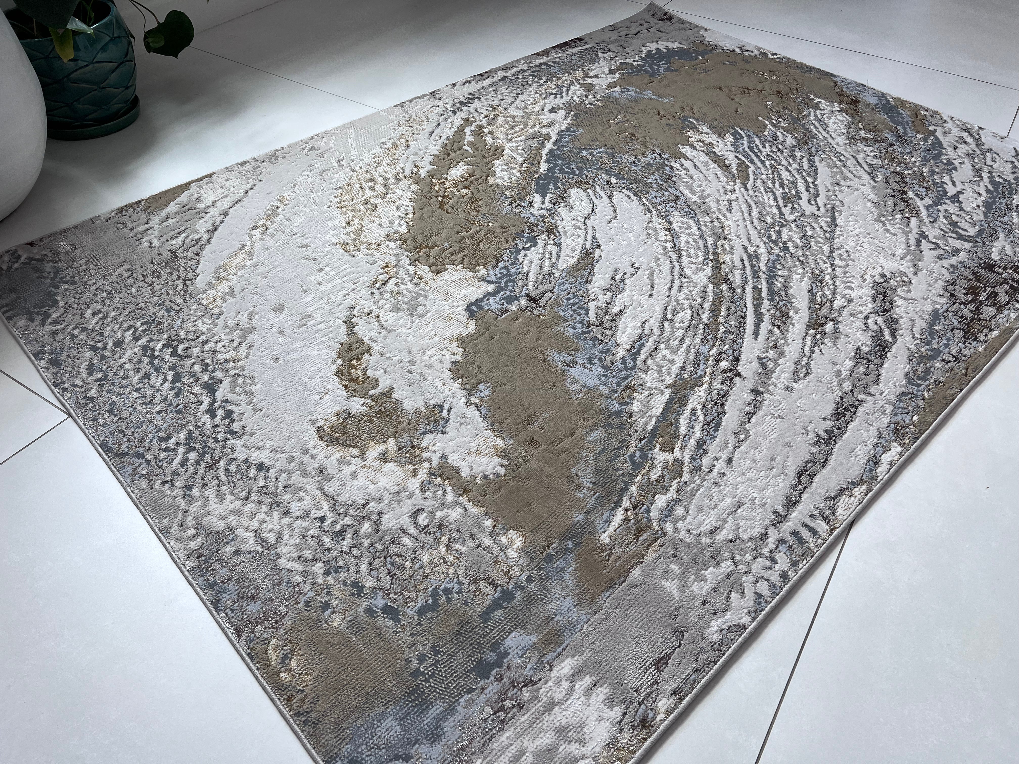 Polyester Silver with Gold Viscose Blend Swirl Design Rug/Carpet - Style# Maximus 240 - Color-Changing Flat Weave Rug