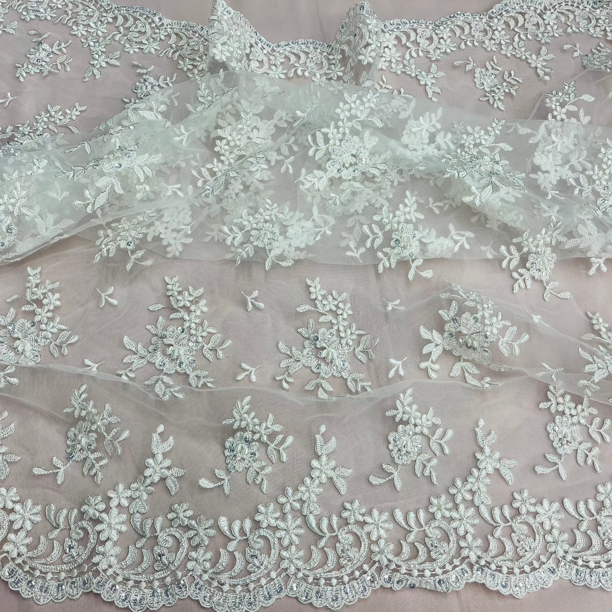 Beaded & Corded Lace Fabric – Floral Design with Scalloped Edges | Lace USA - 91436W-BP