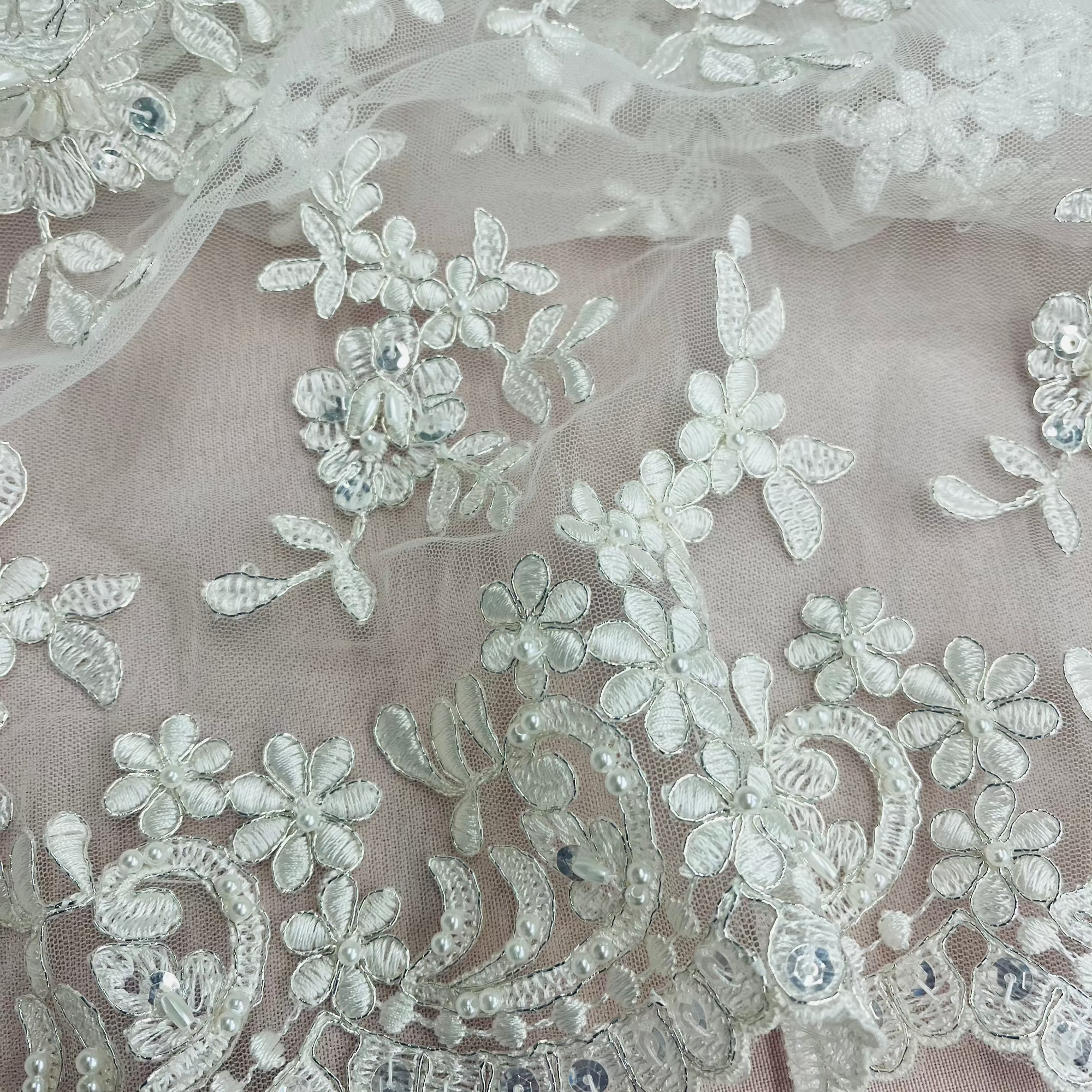 Beaded & Corded Lace Fabric – Floral Design with Scalloped Edges | Lace USA - 91436W-BP