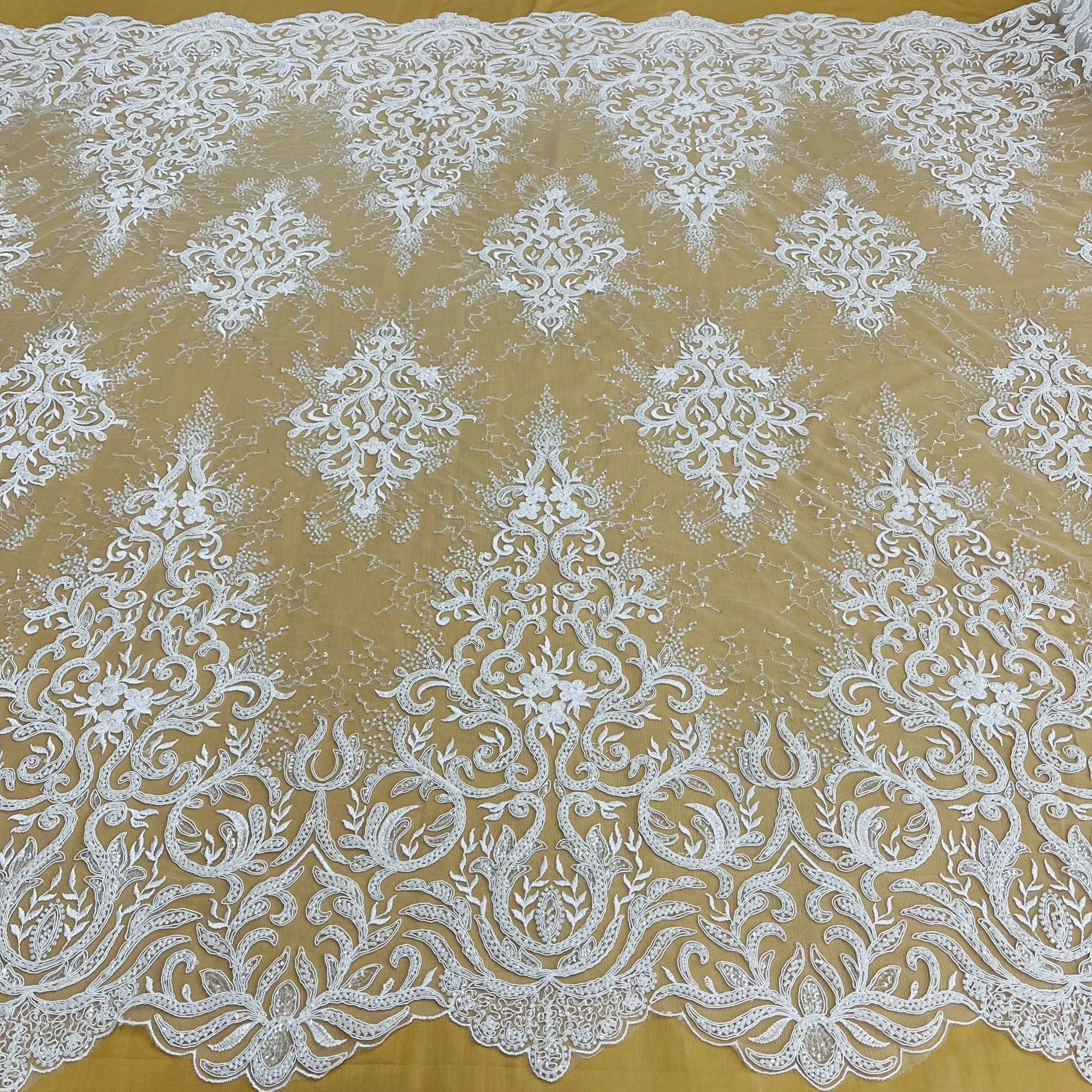 Beaded & Corded Bridal Lace Fabric Embroidered on 100% Polyester Net Mesh | Lace USA - GD-12266