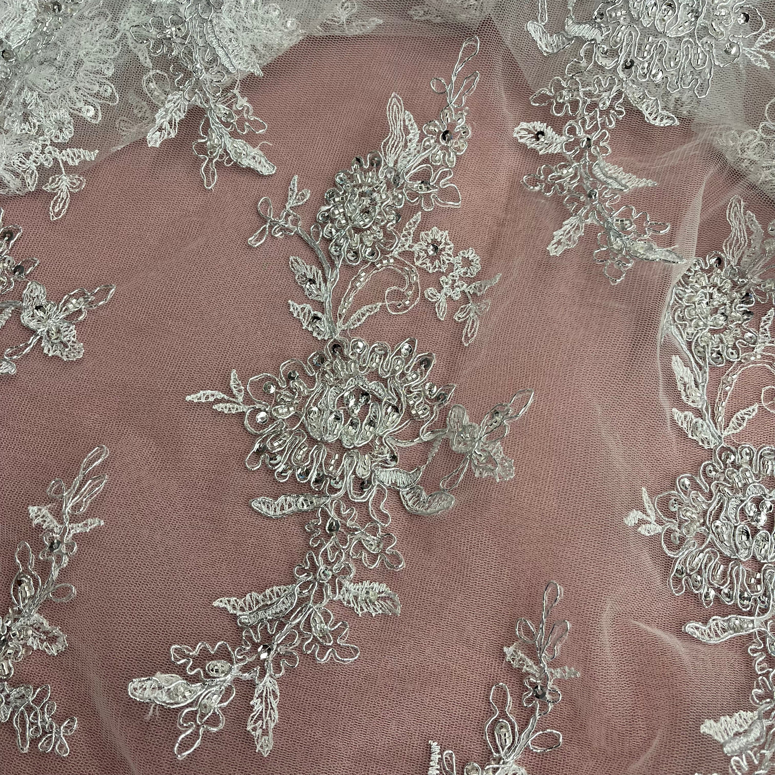 Beaded & Corded Bridal Fabric Lace Embroidered on 100% Polyester Net Mesh | Lace USA - 96979W-HB